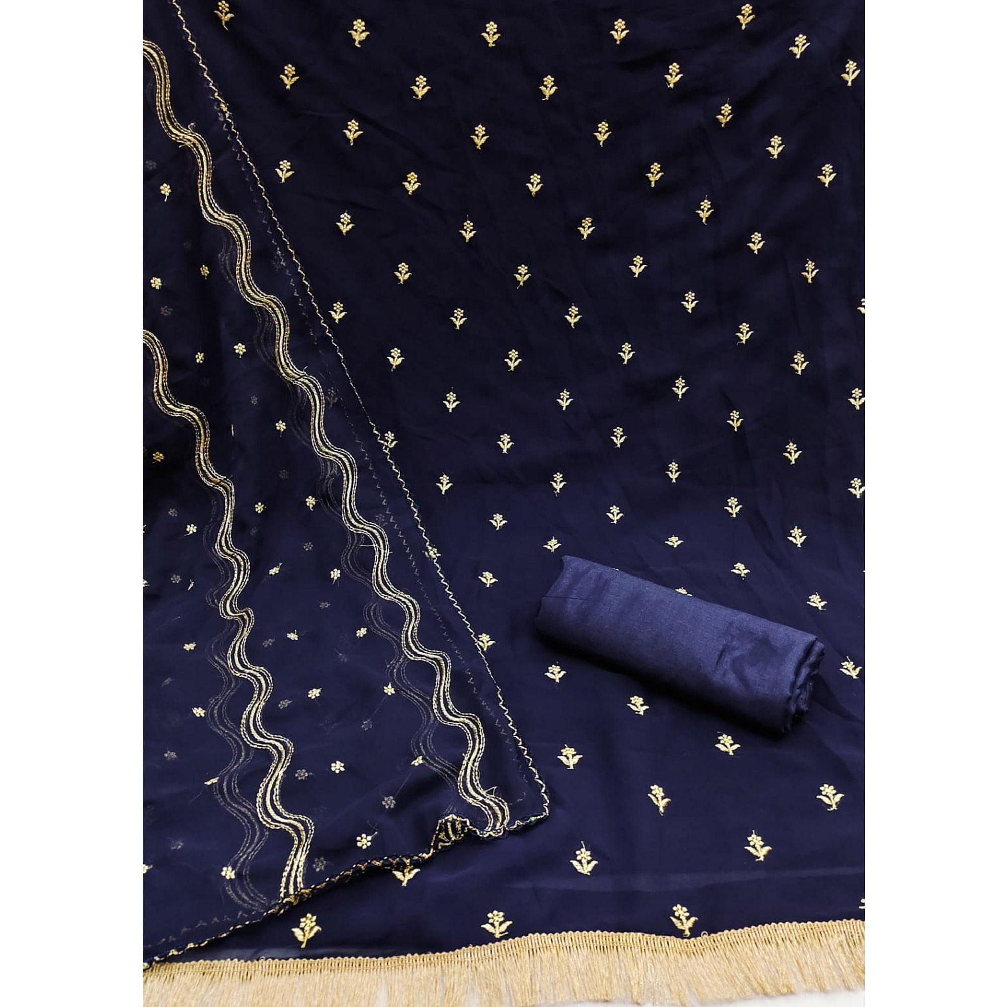Navy Blue Embroidered Georgette Dress Material - Peachmode