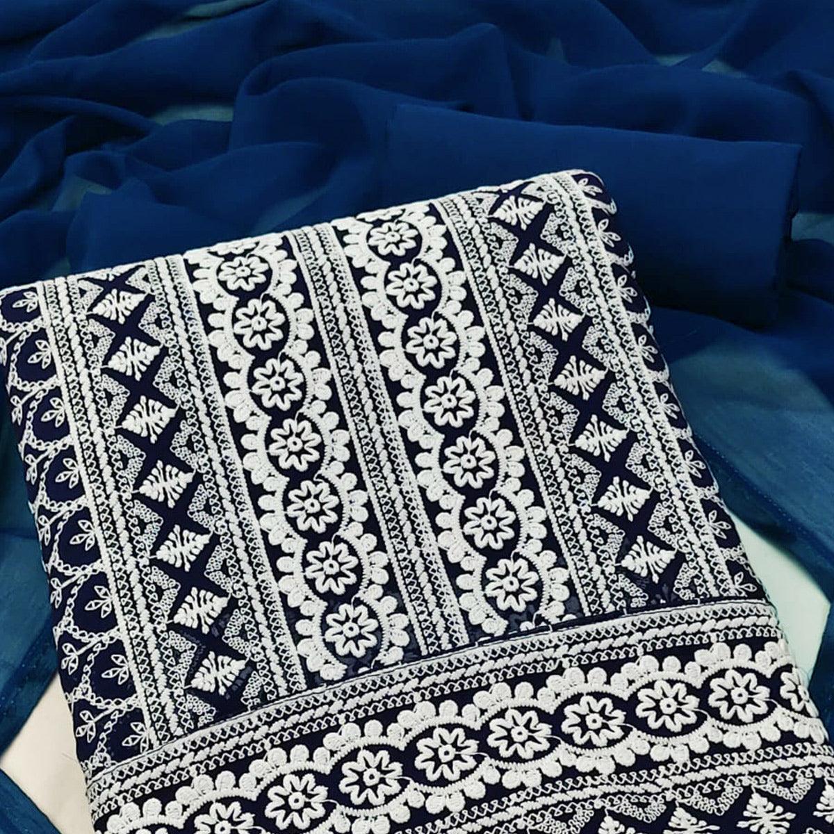 Navy Blue Embroidered Georgette Dress Material - Peachmode