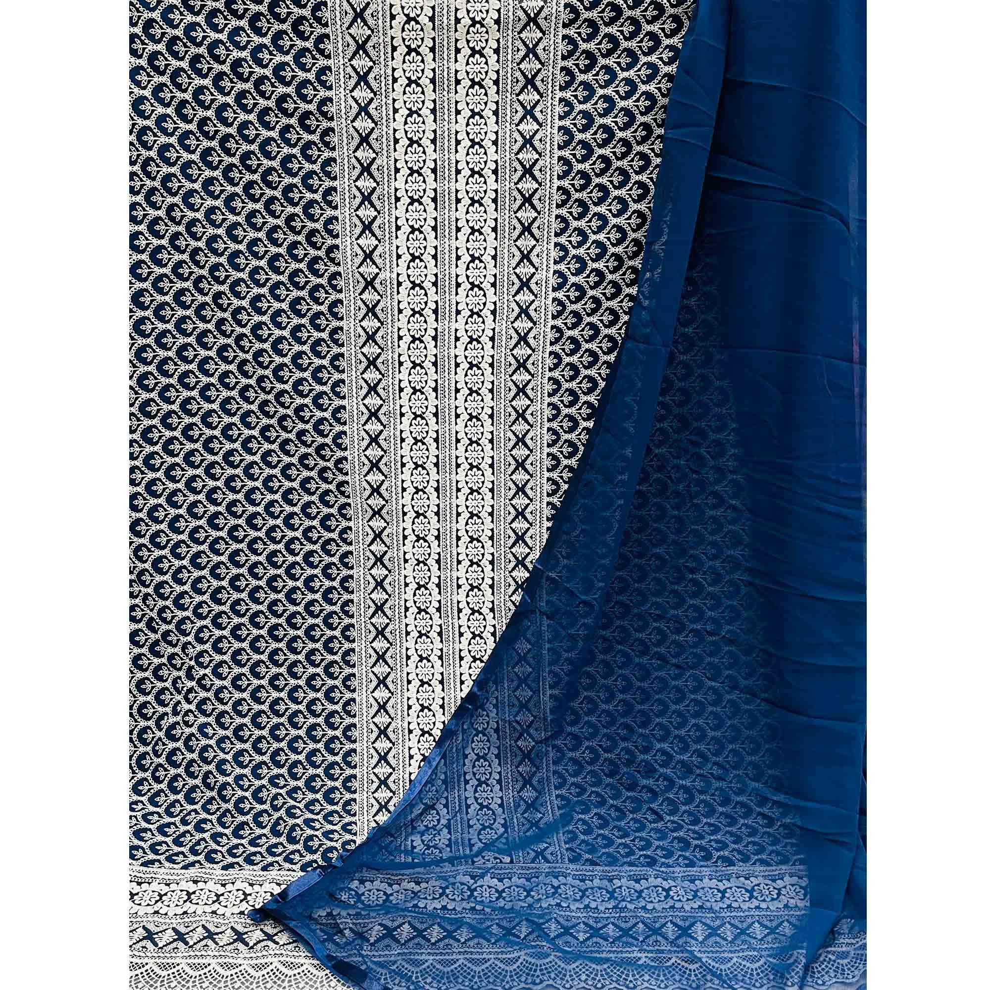 Navy Blue Embroidered Georgette Dress Material - Peachmode