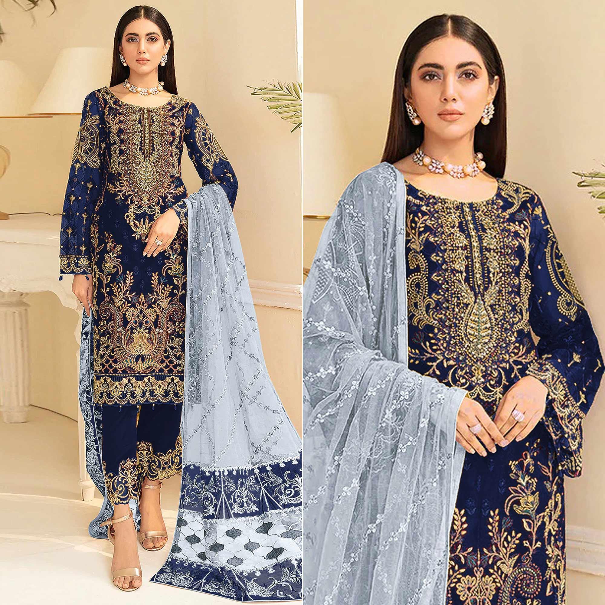 Navy Blue Embroidered Georgette Pakistani Suit - Peachmode