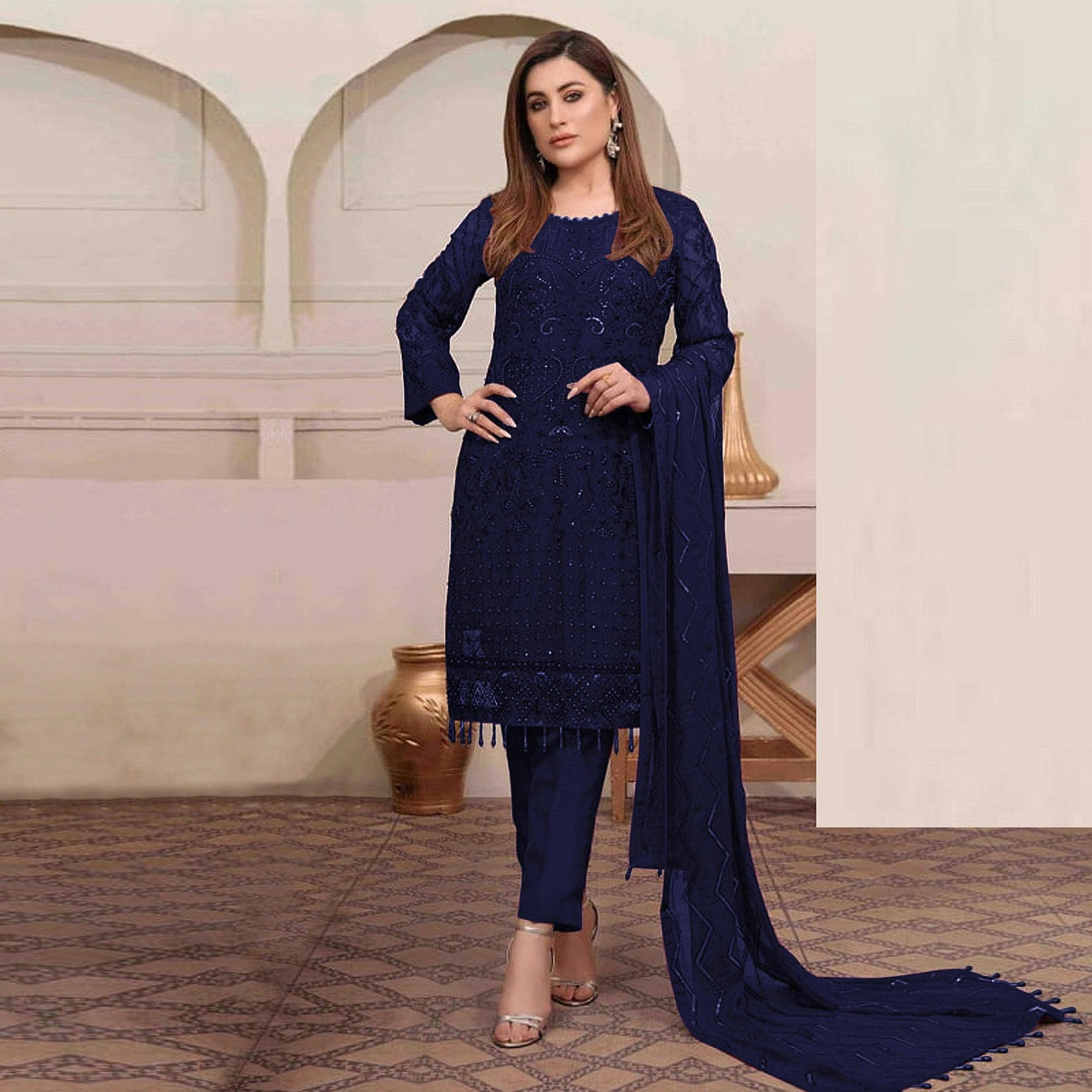 Navy Blue Embroidered Georgette Pakistani Suit - Peachmode