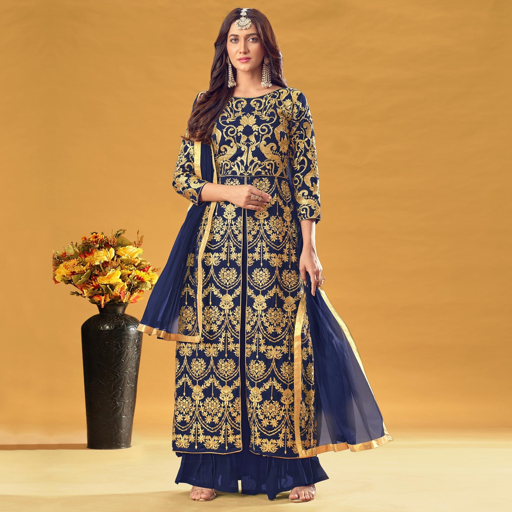 Navy Blue Embroidered Georgette Pakistani Suit - Peachmode