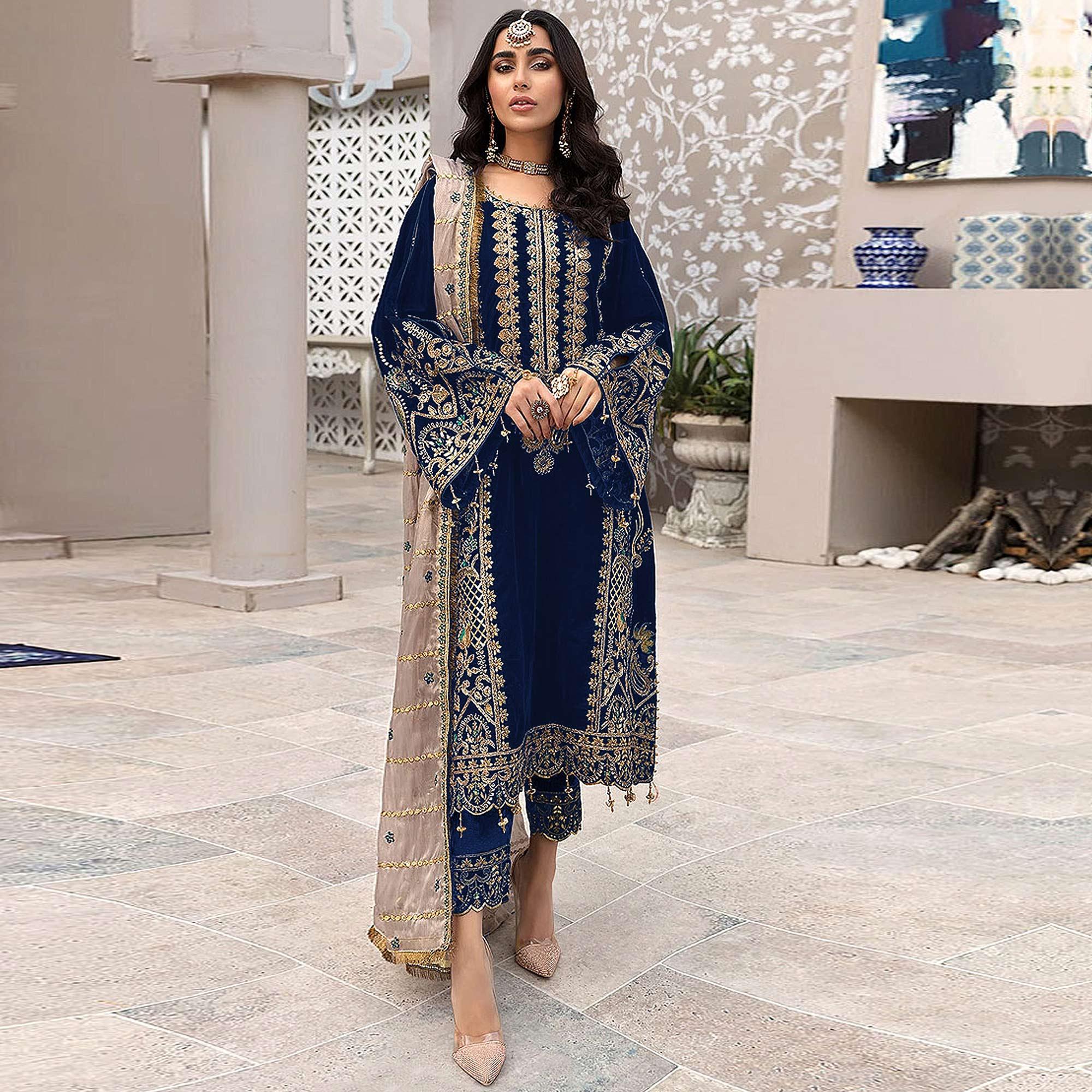 Navy Blue Embroidered Georgette Pakistani Suit - Peachmode