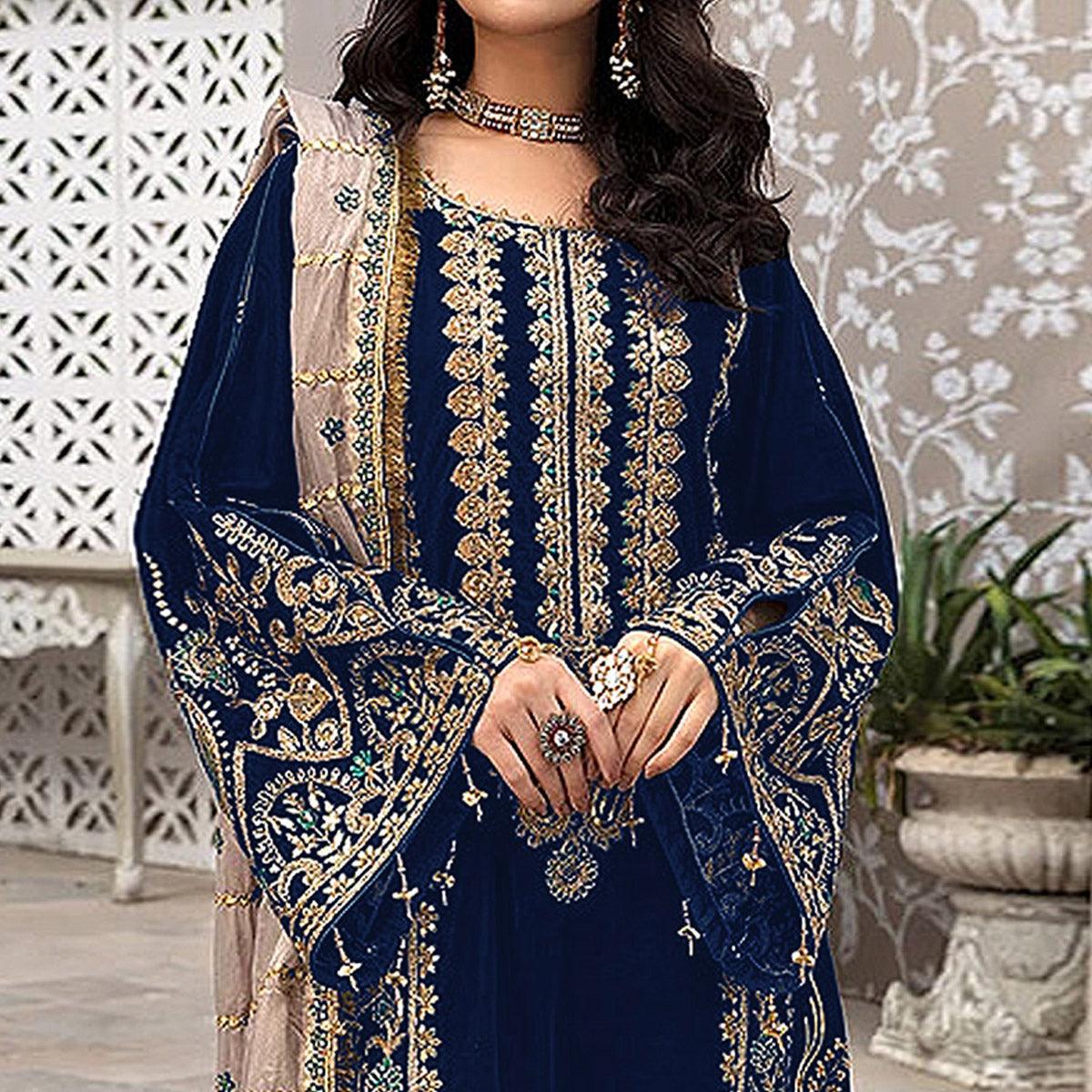 Navy Blue Embroidered Georgette Pakistani Suit - Peachmode