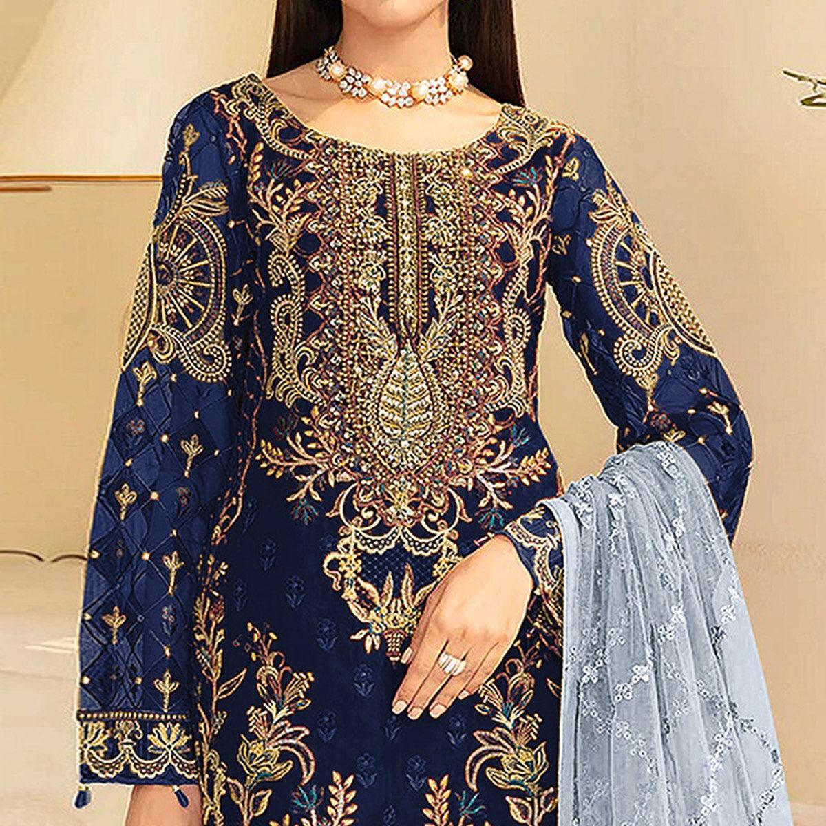 Navy Blue Embroidered Georgette Pakistani Suit - Peachmode