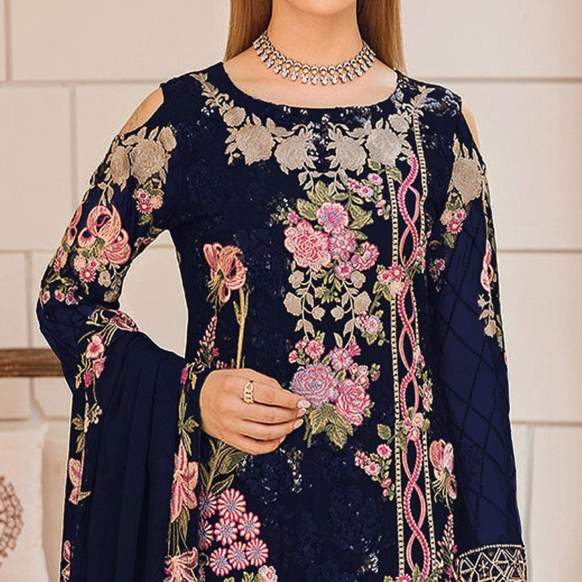 Navy Blue Embroidered Georgette Pakistani Suit - Peachmode