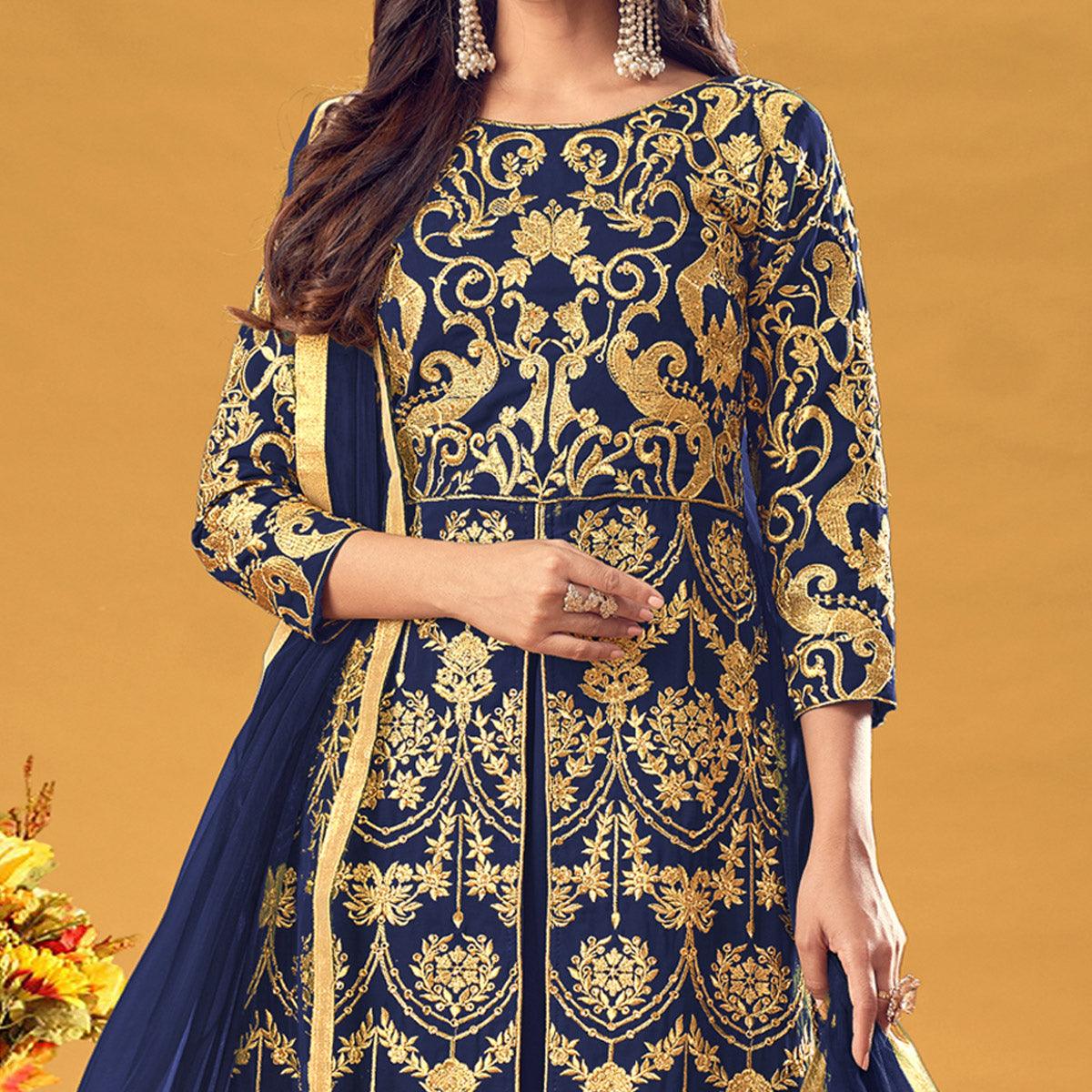 Navy Blue Embroidered Georgette Pakistani Suit - Peachmode
