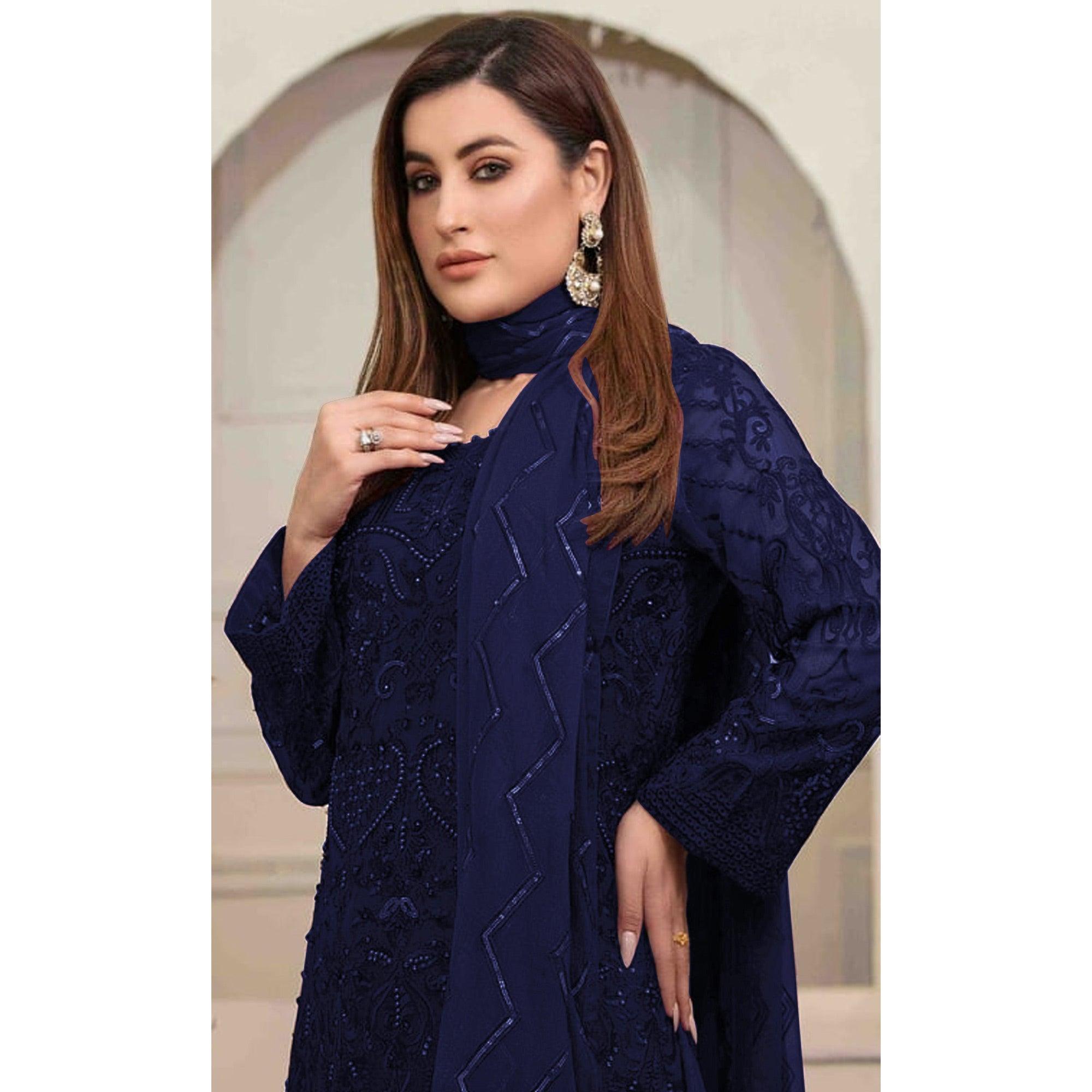 Navy Blue Embroidered Georgette Pakistani Suit - Peachmode