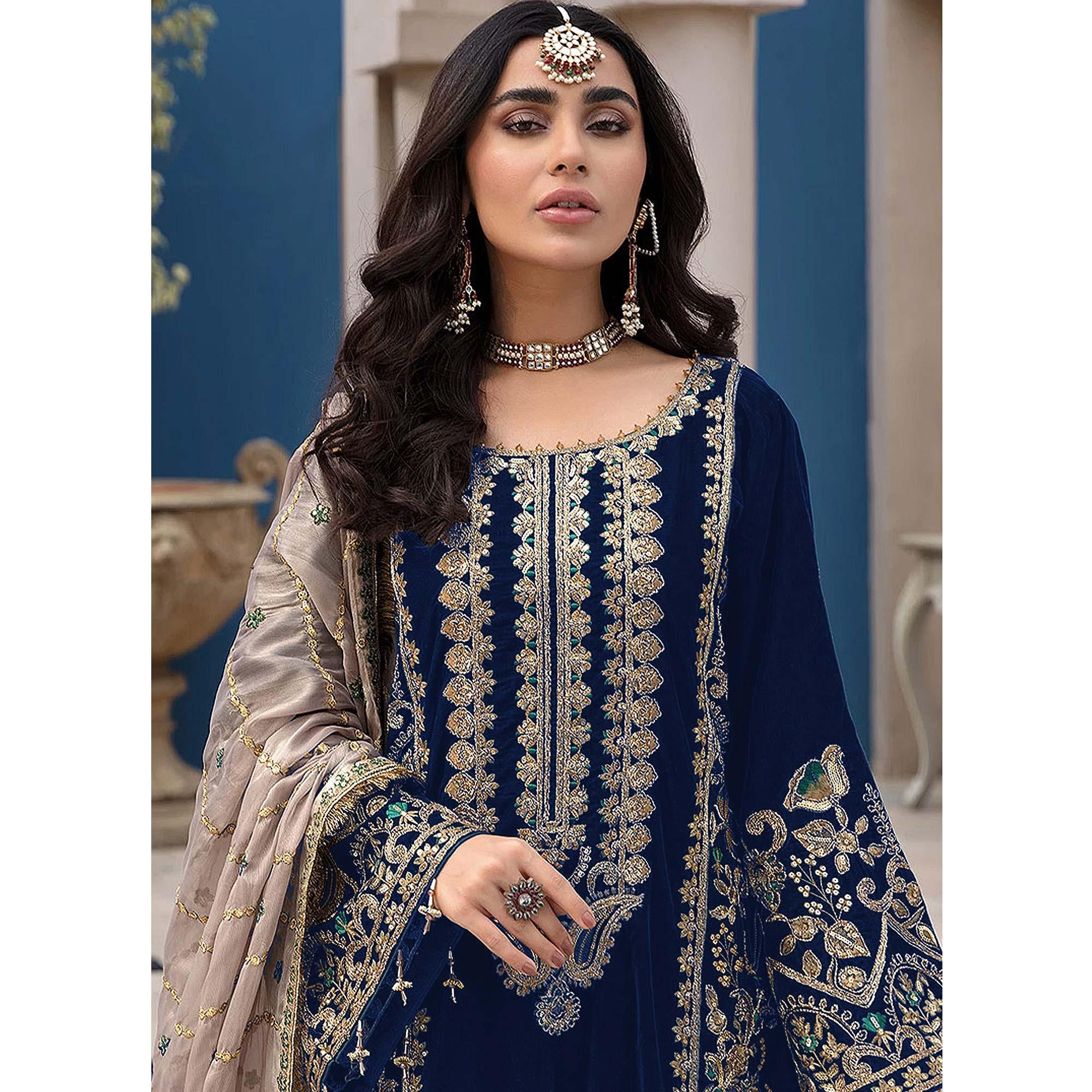 Navy Blue Embroidered Georgette Pakistani Suit - Peachmode
