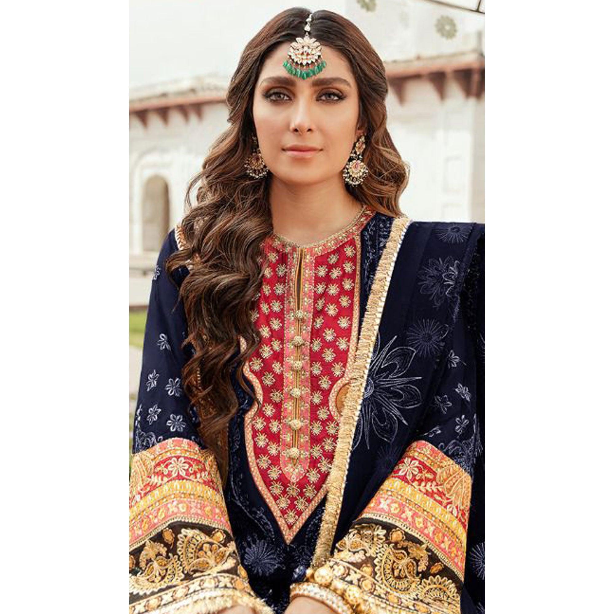 Navy Blue Embroidered Georgette Pakistani Suit - Peachmode