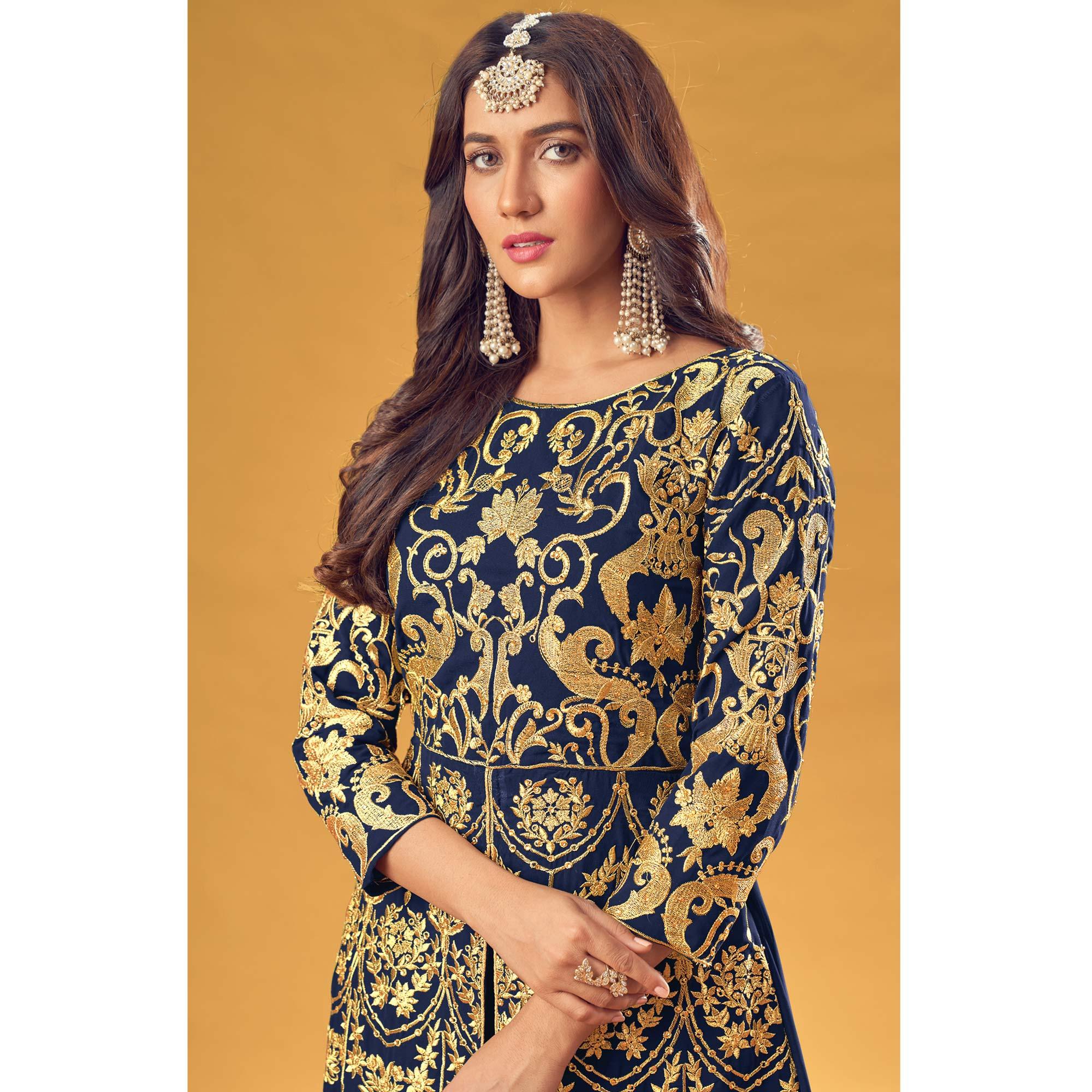 Navy Blue Embroidered Georgette Pakistani Suit - Peachmode