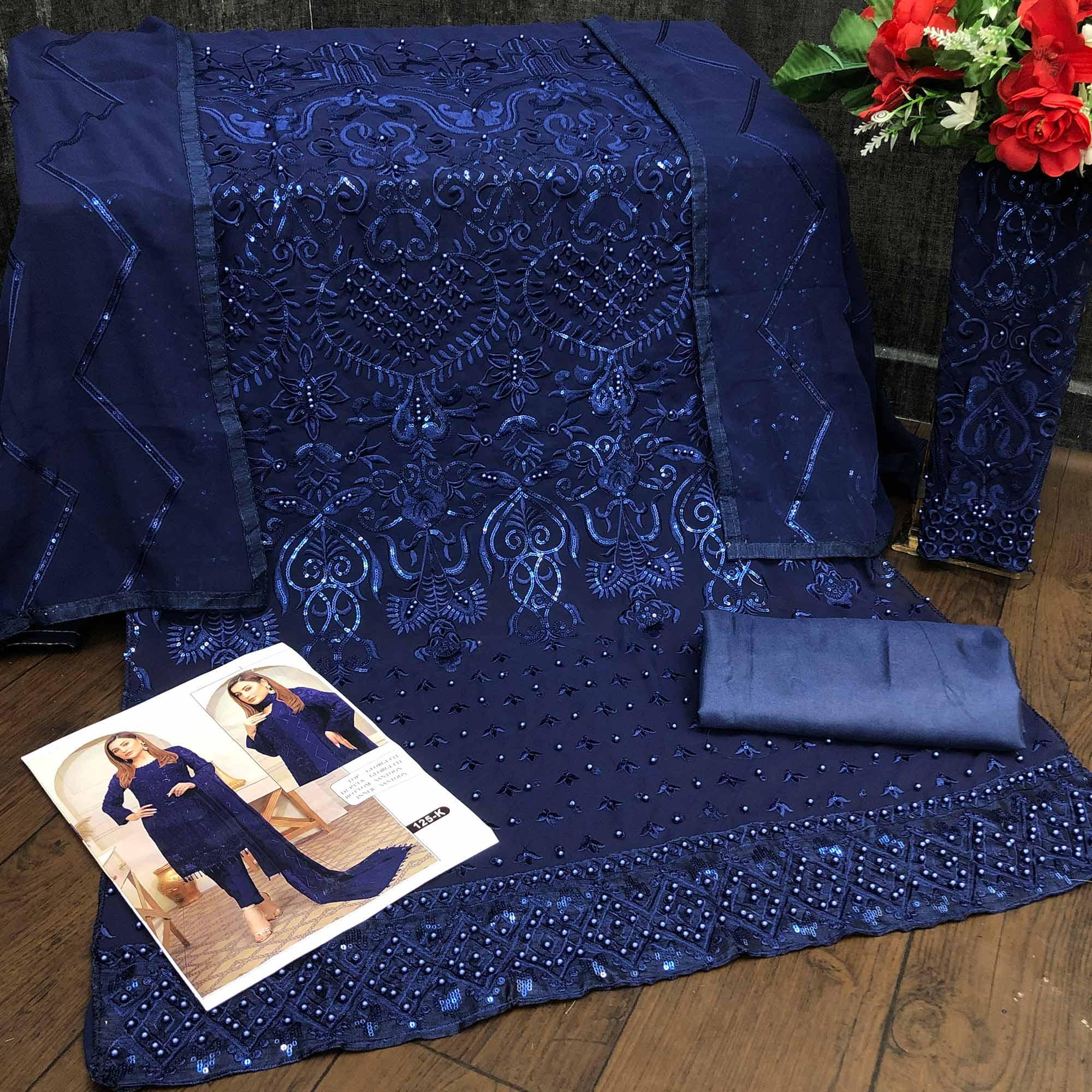 Navy Blue Embroidered Georgette Pakistani Suit - Peachmode