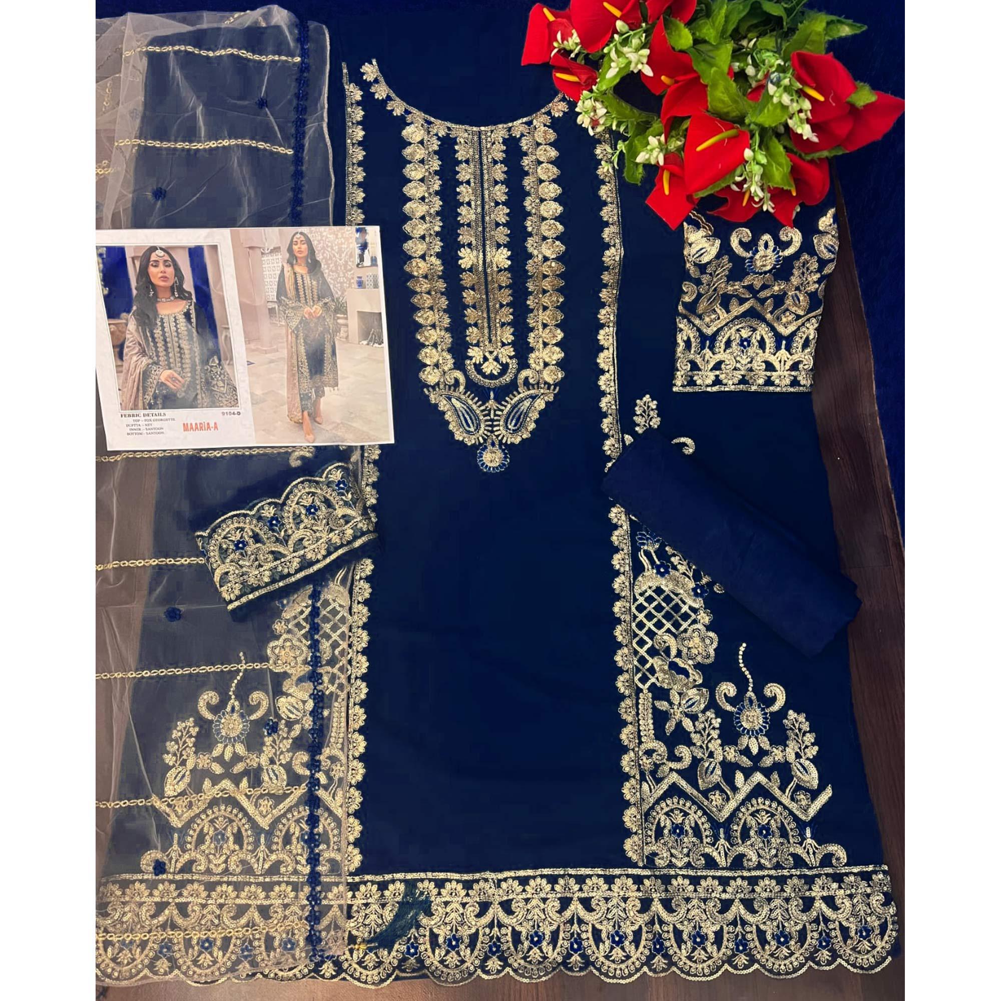 Navy Blue Embroidered Georgette Pakistani Suit - Peachmode