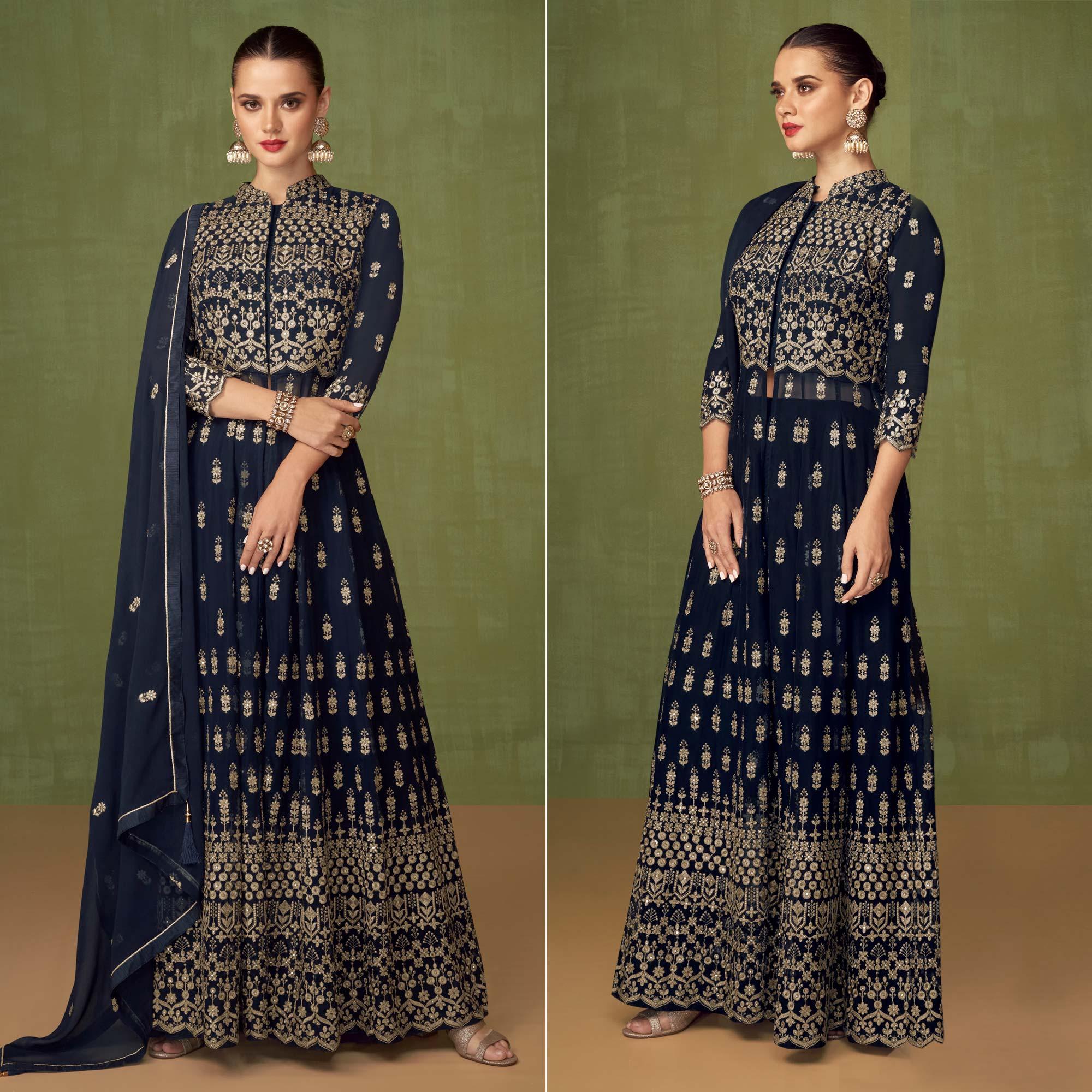 Navy Blue Embroidered Georgette Palazzo Suit - Peachmode