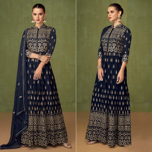 Navy Blue Embroidered Georgette Palazzo Suit - Peachmode