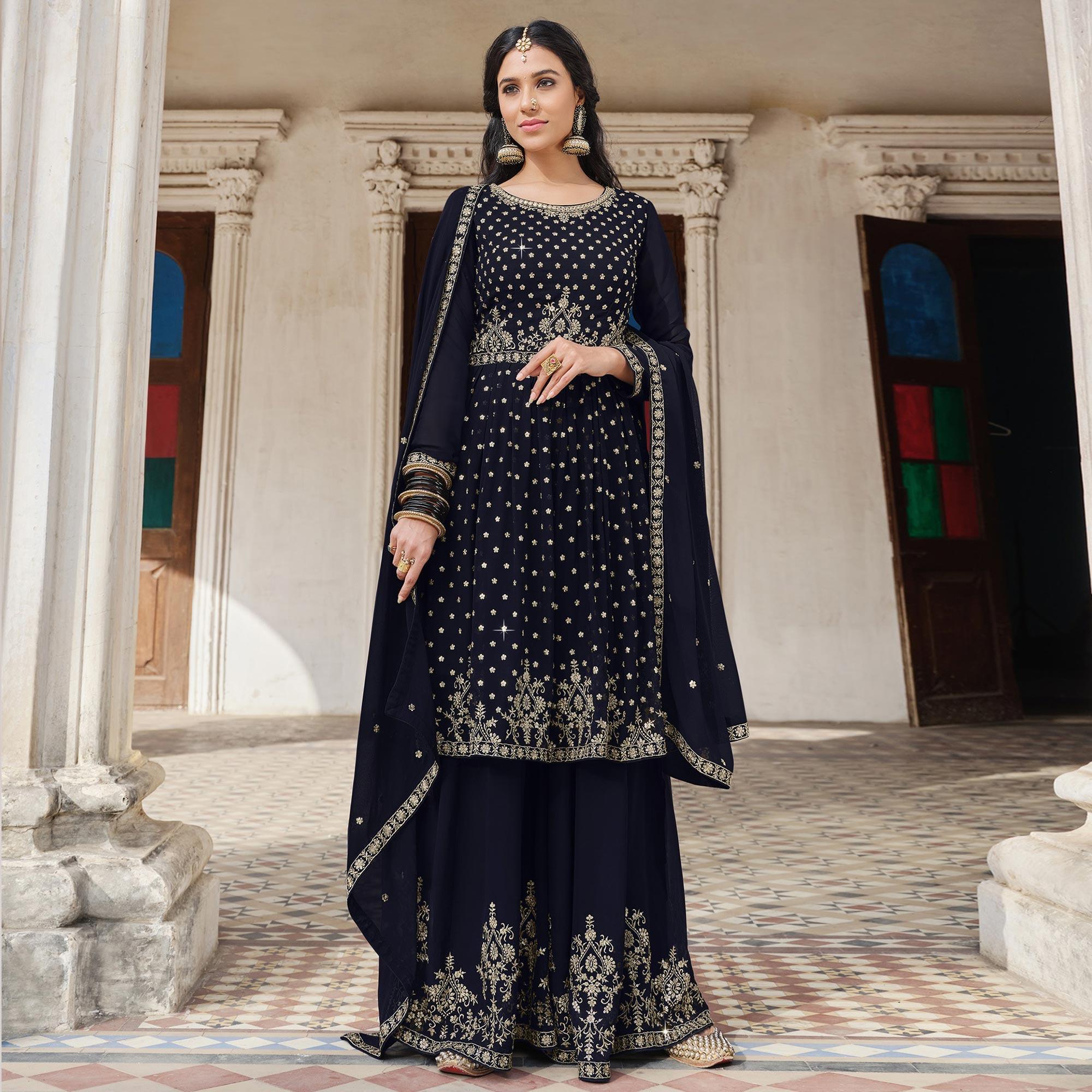 Navy Blue Embroidered Georgette Palazzo Suit - Peachmode