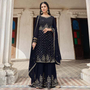 Navy Blue Embroidered Georgette Palazzo Suit - Peachmode