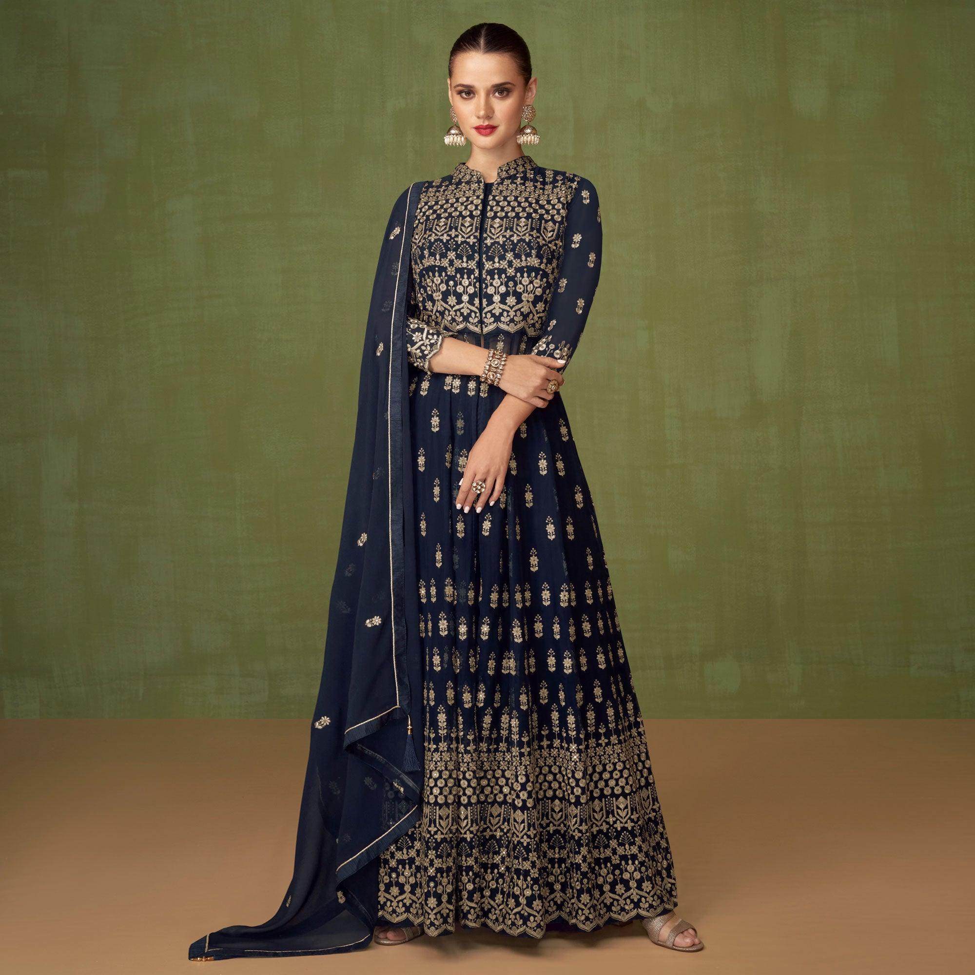 Navy Blue Embroidered Georgette Palazzo Suit - Peachmode
