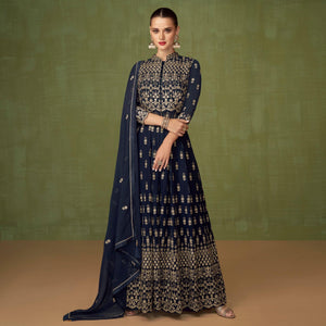 Navy Blue Embroidered Georgette Palazzo Suit - Peachmode