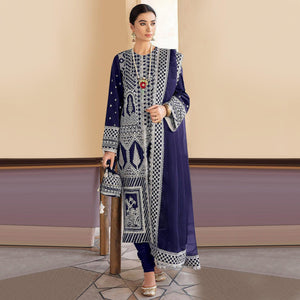 Navy Blue Embroidered Georgette Partywear Pakistani Suit - Peachmode