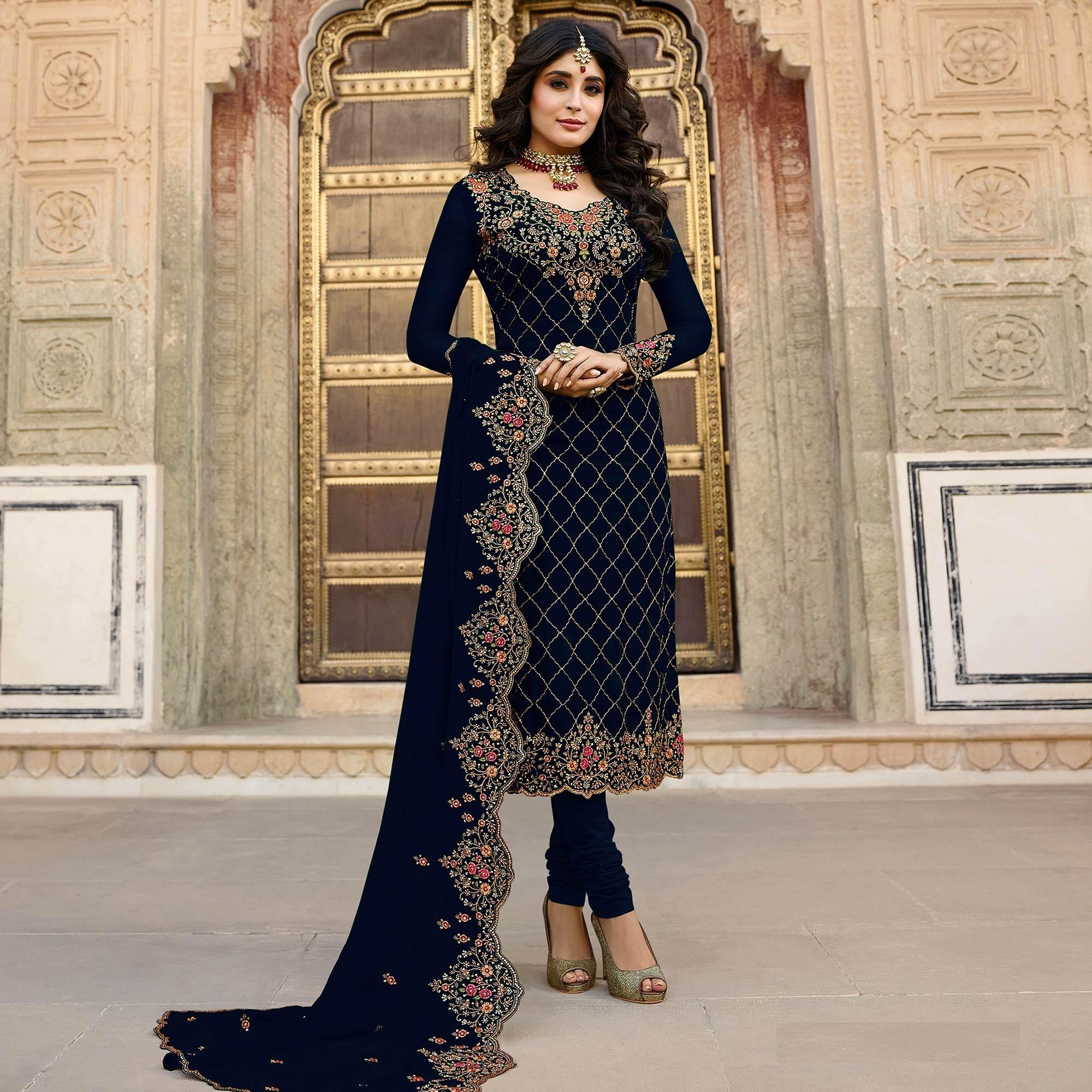 Navy Blue Embroidered Georgette Partywear Suit - Peachmode
