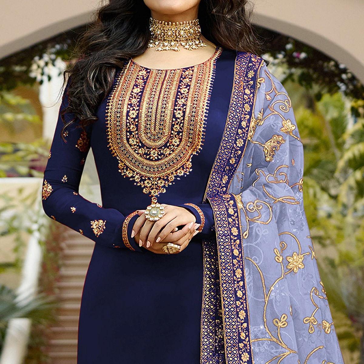 Navy Blue Embroidered Georgette Partywear Suit - Peachmode