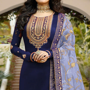 Navy Blue Embroidered Georgette Partywear Suit - Peachmode