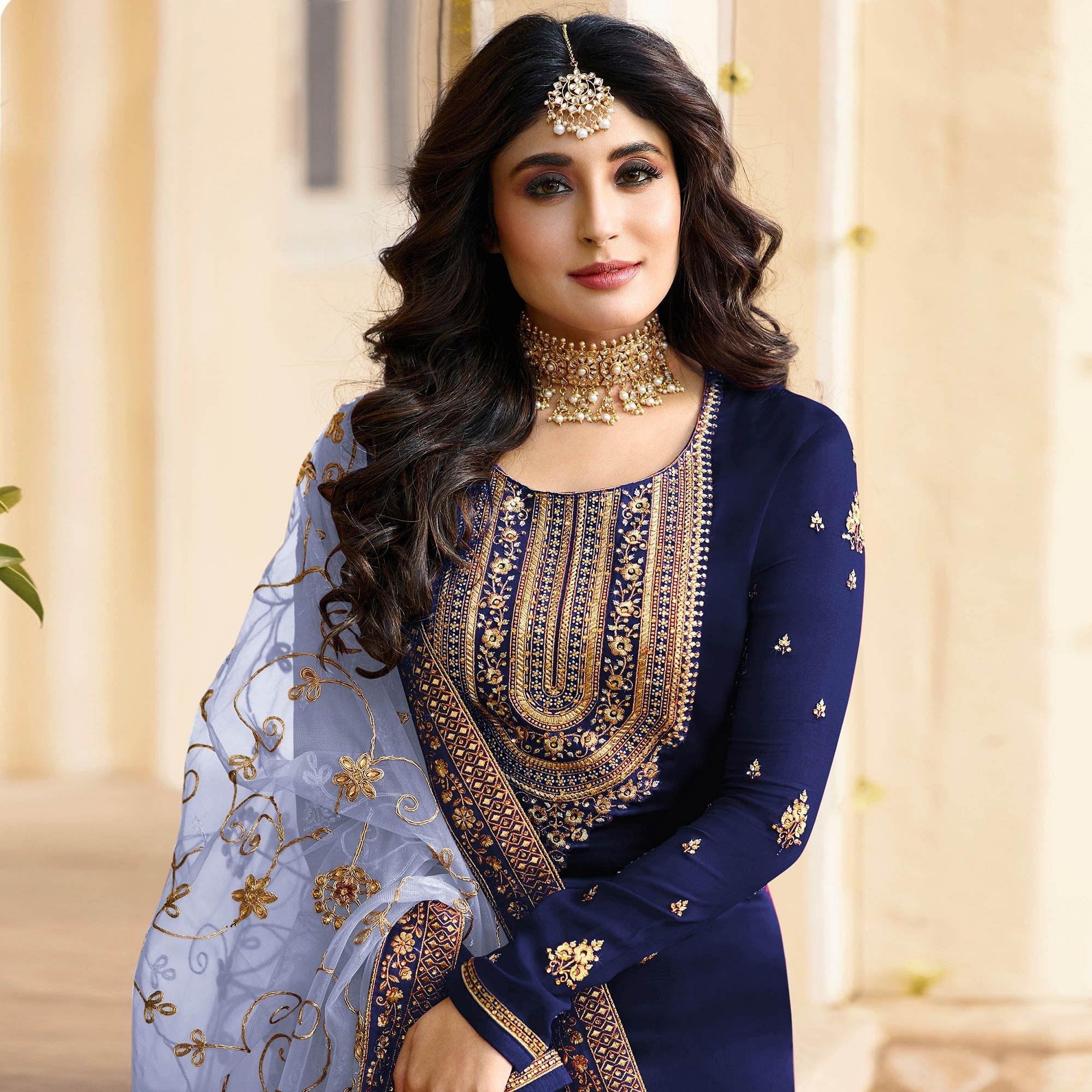 Navy Blue Embroidered Georgette Partywear Suit - Peachmode