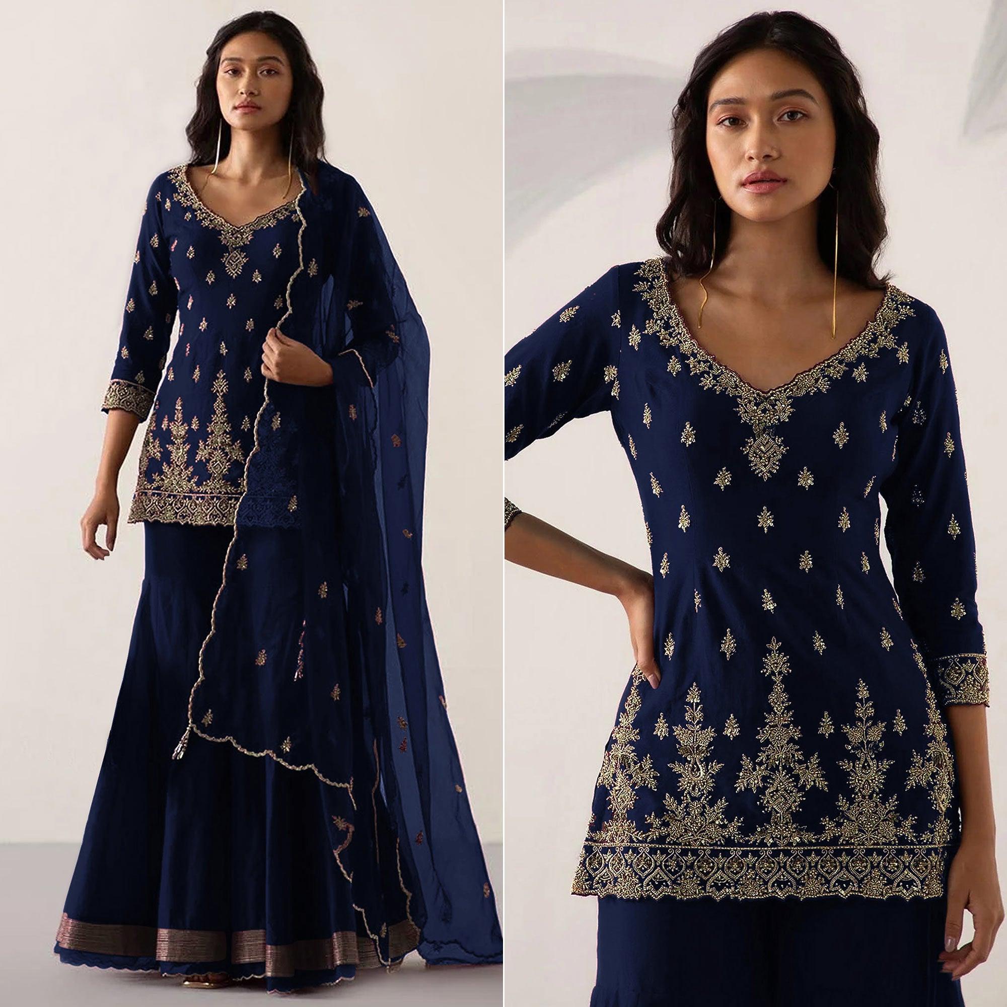 Navy Blue Embroidered Georgette Sharara Suit - Peachmode
