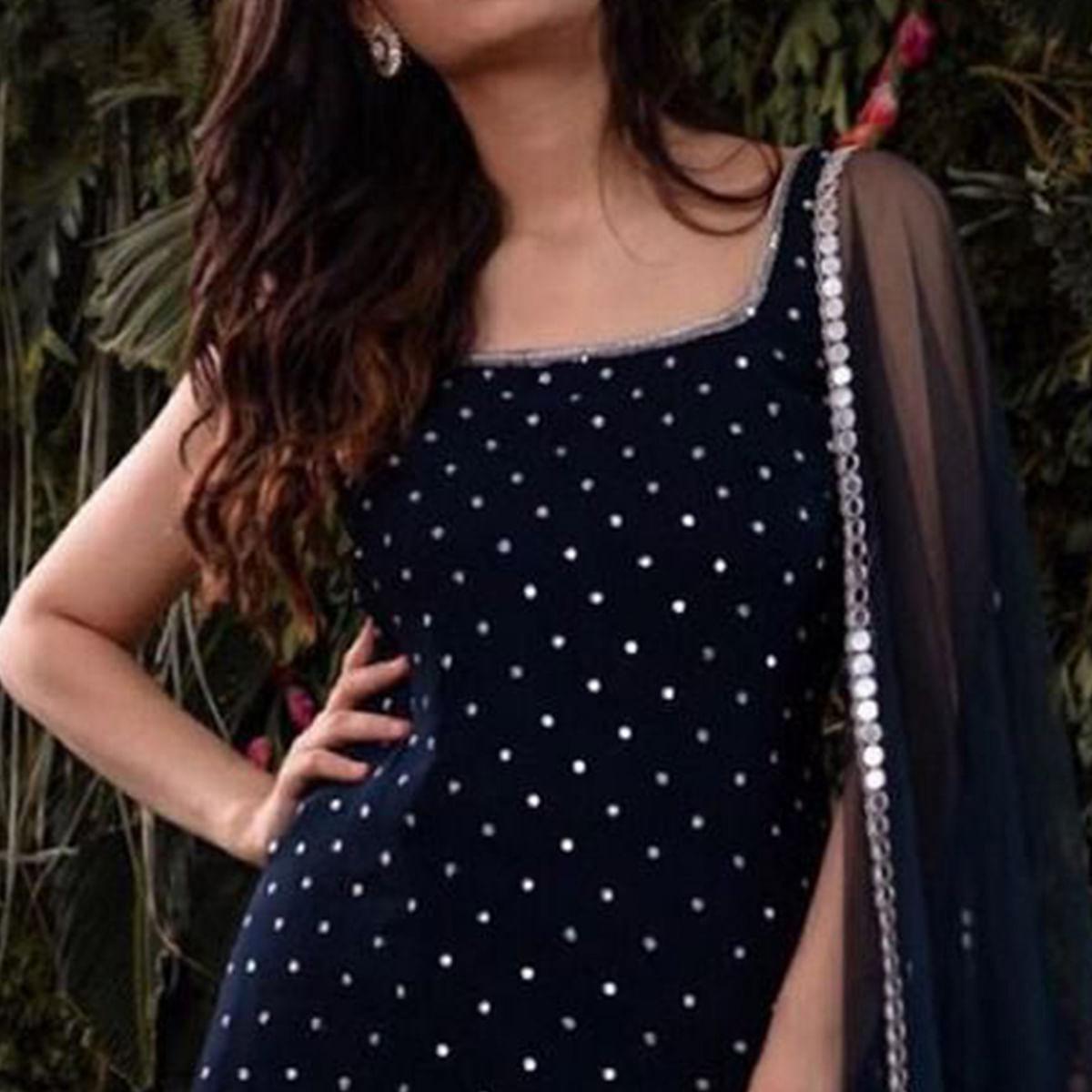 Navy Blue Embroidered Georgette Sharara Suit - Peachmode