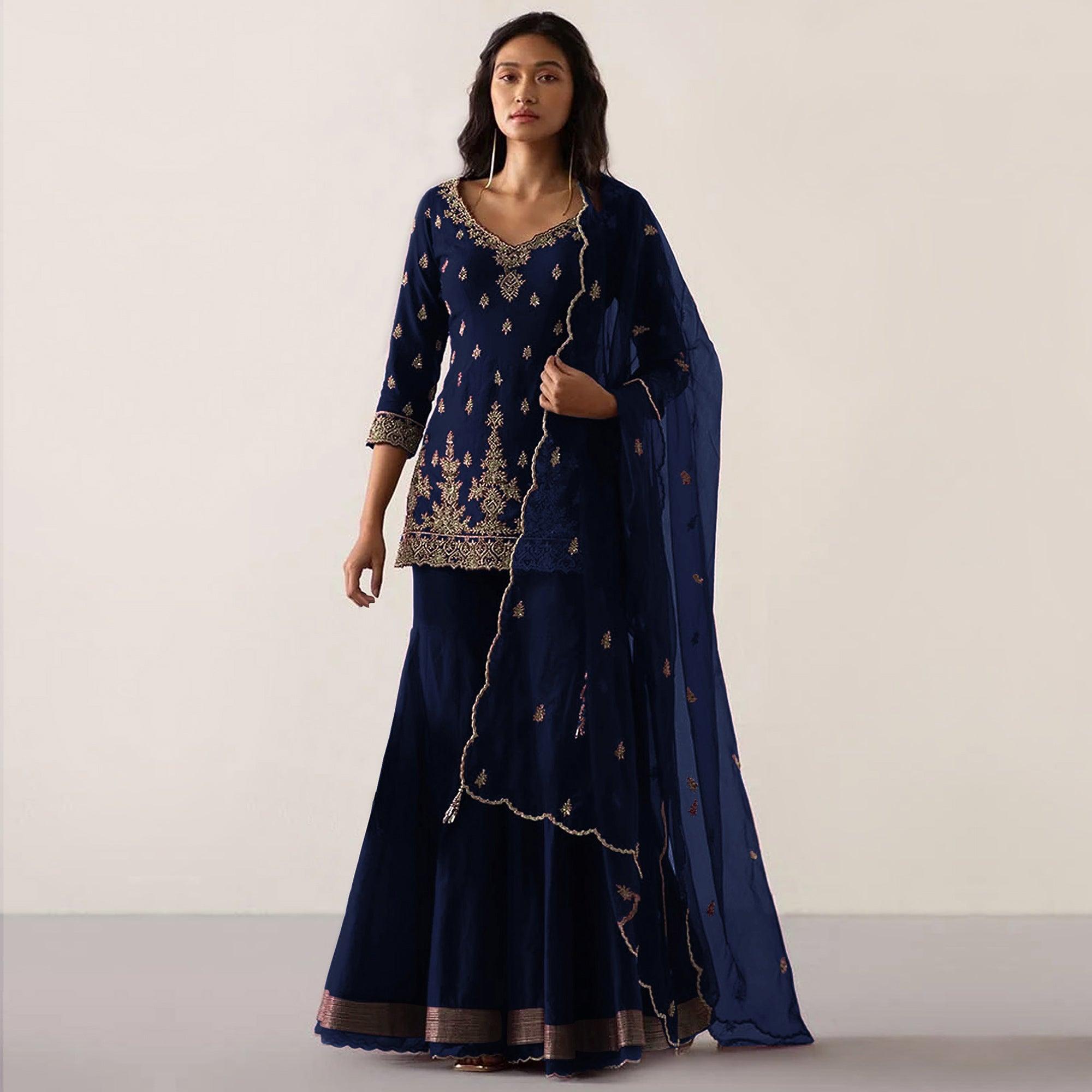 Navy Blue Embroidered Georgette Sharara Suit - Peachmode