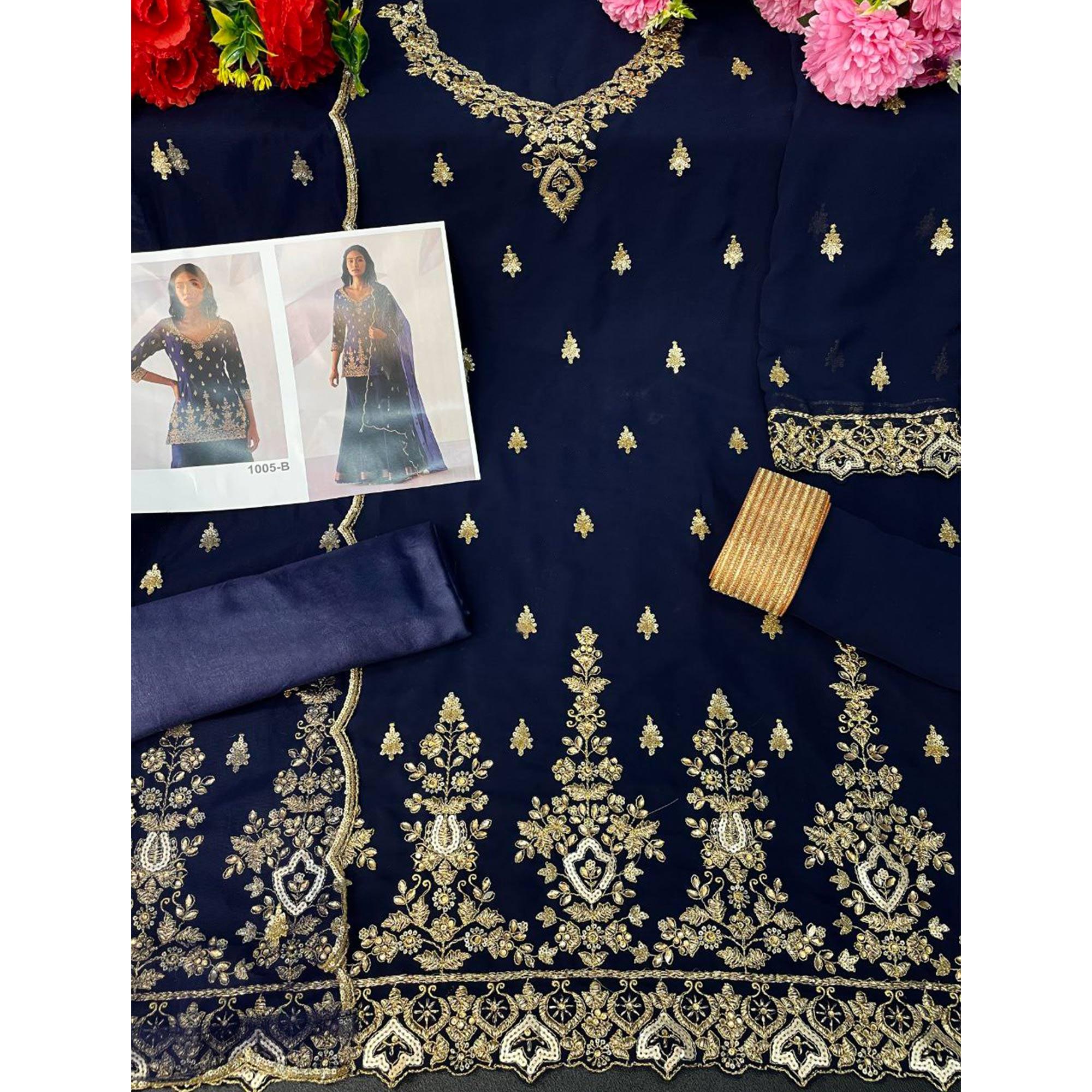 Navy Blue Embroidered Georgette Sharara Suit - Peachmode