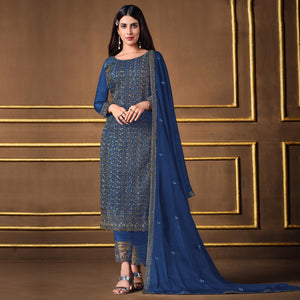 Navy Blue Embroidered Georgette Suit - Peachmode