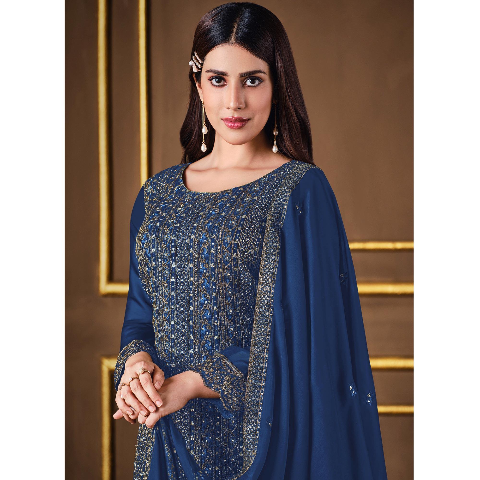 Navy Blue Embroidered Georgette Suit - Peachmode