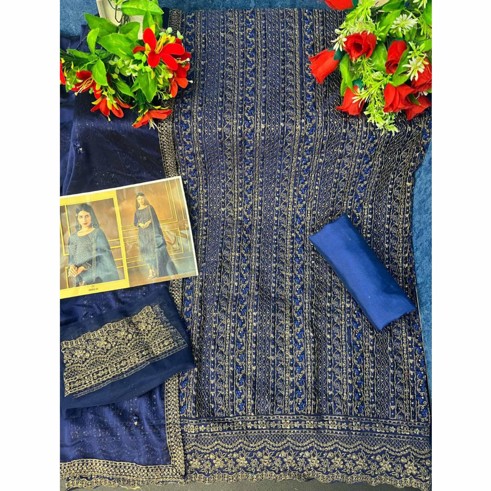 Navy Blue Embroidered Georgette Suit - Peachmode