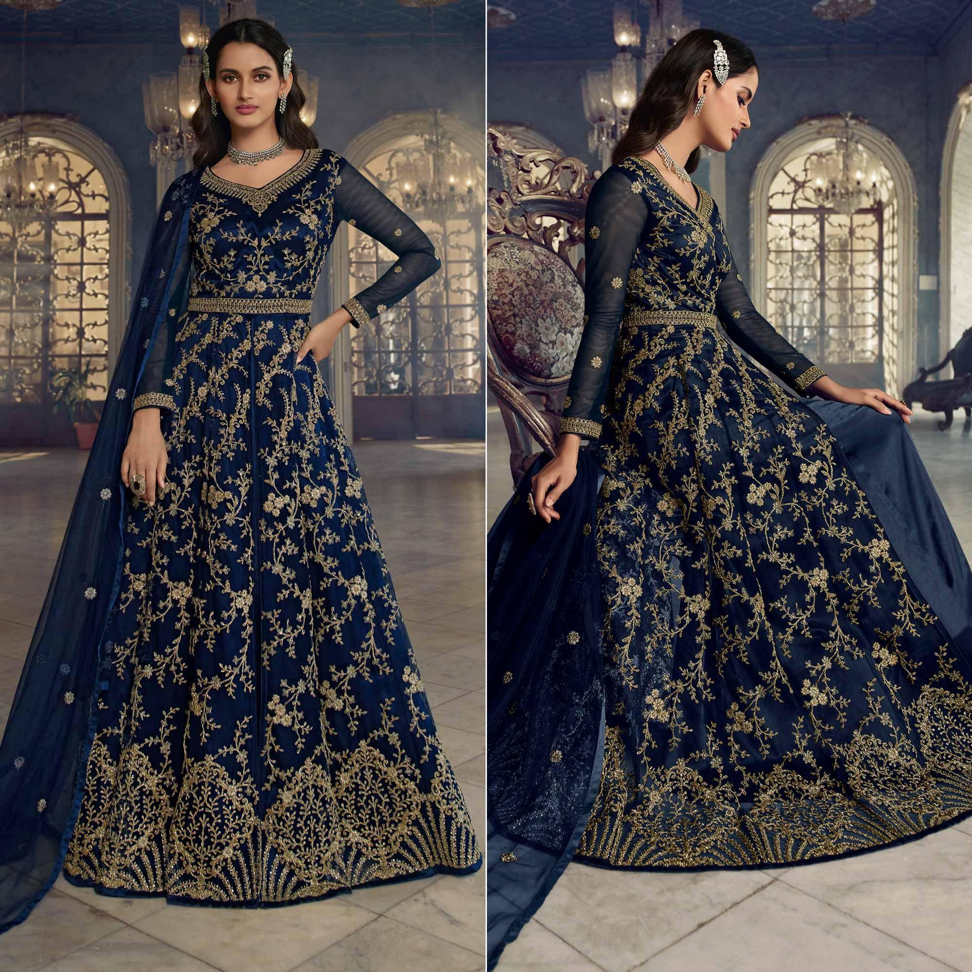 Navy Blue Embroidered Netted Anarkali Style Gown - Peachmode