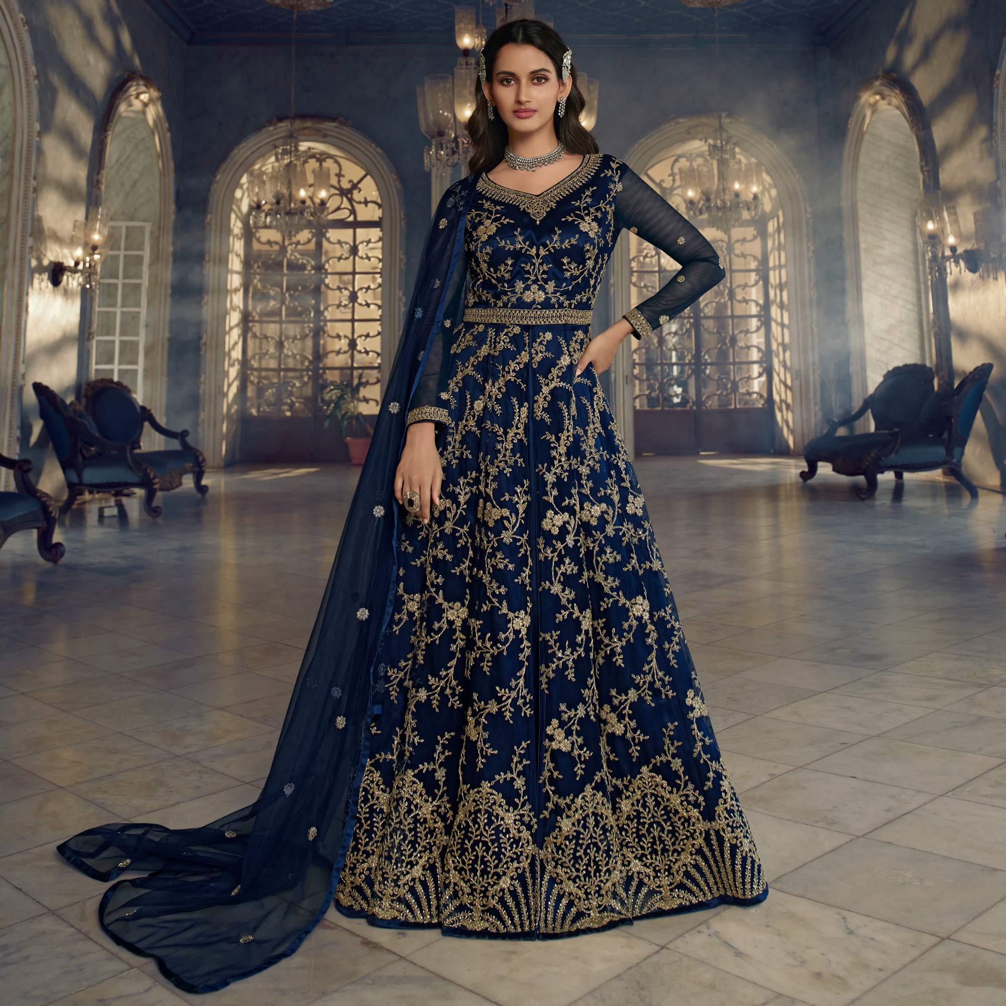 Navy Blue Embroidered Netted Anarkali Style Gown - Peachmode