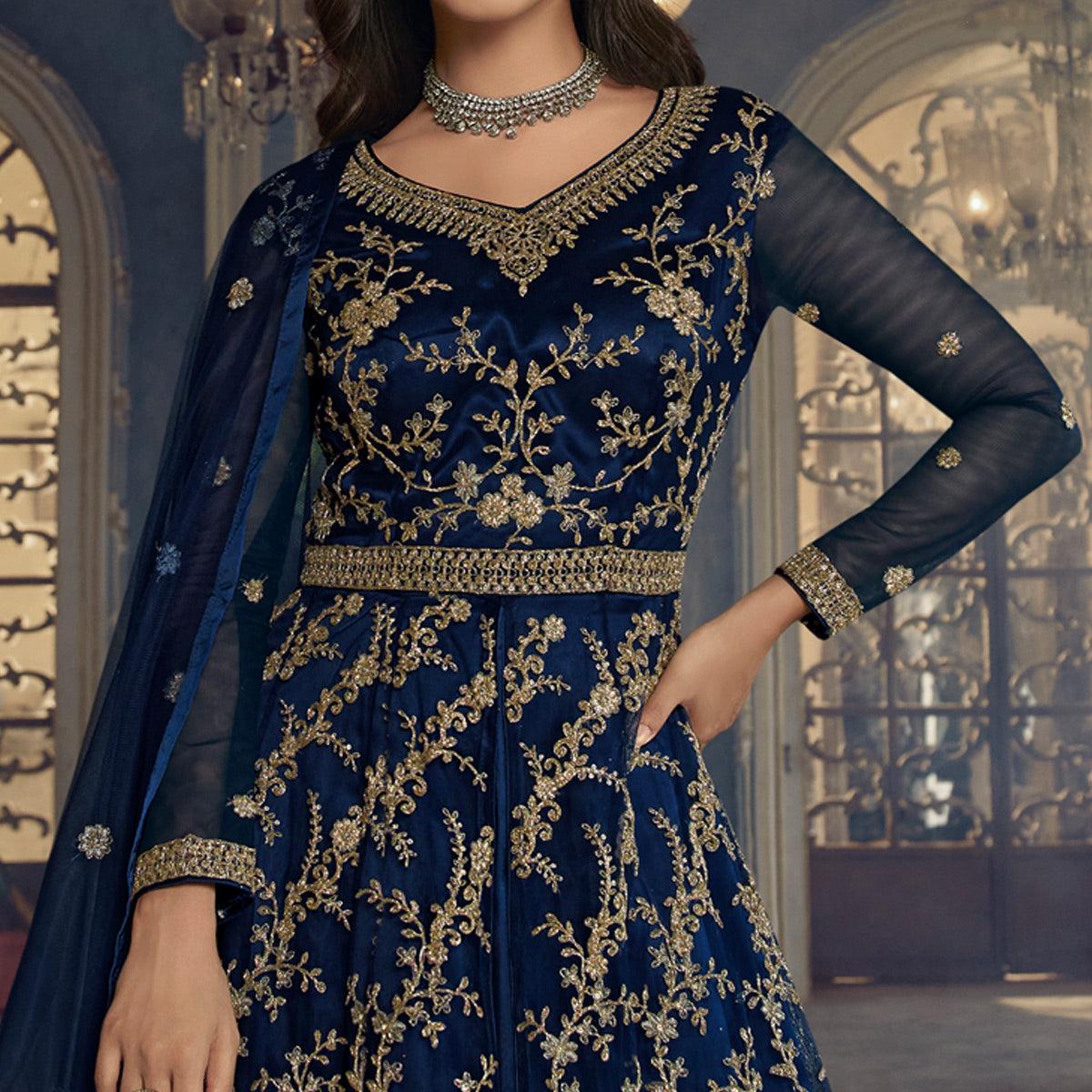 Navy Blue Embroidered Netted Anarkali Style Gown - Peachmode