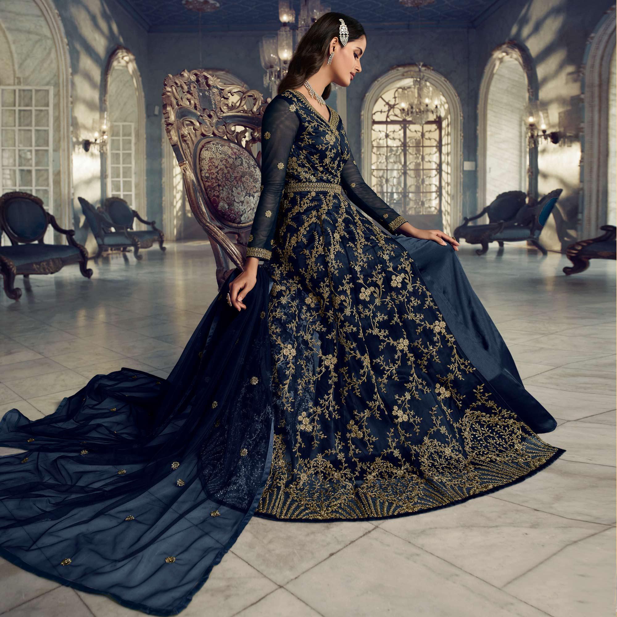 Navy Blue Embroidered Netted Anarkali Style Gown - Peachmode