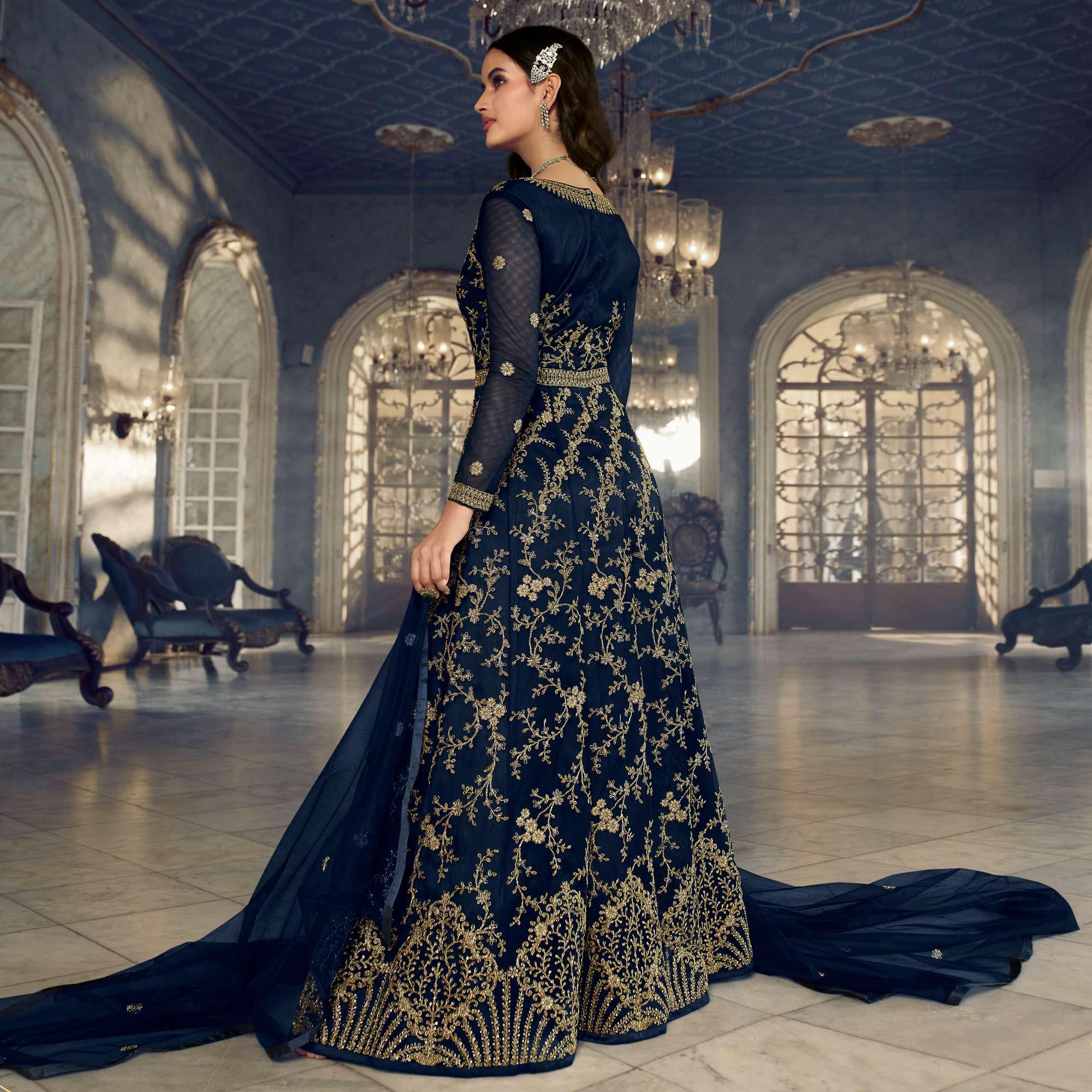 Navy Blue Embroidered Netted Anarkali Style Gown - Peachmode