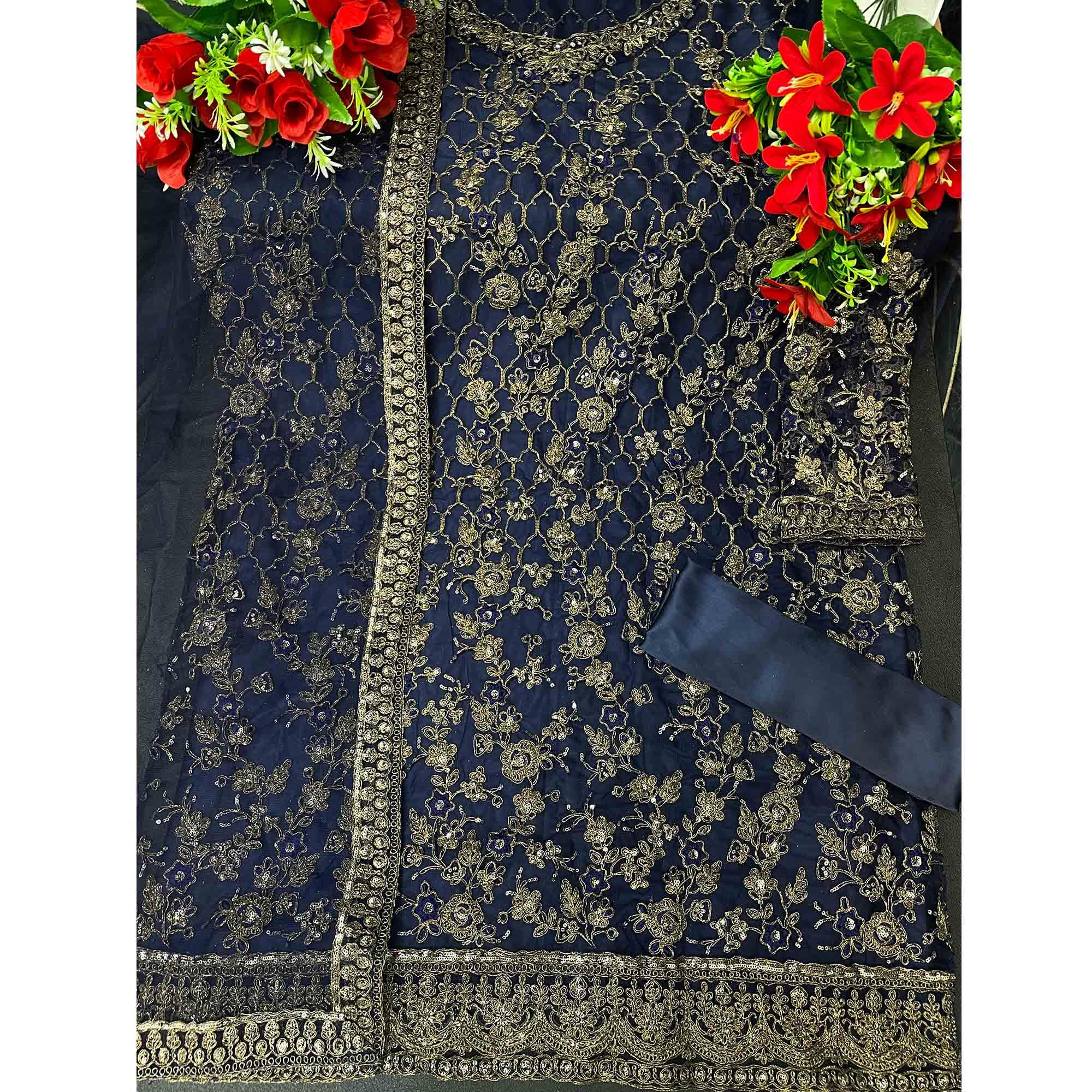 Navy Blue Embroidered Netted Suit - Peachmode
