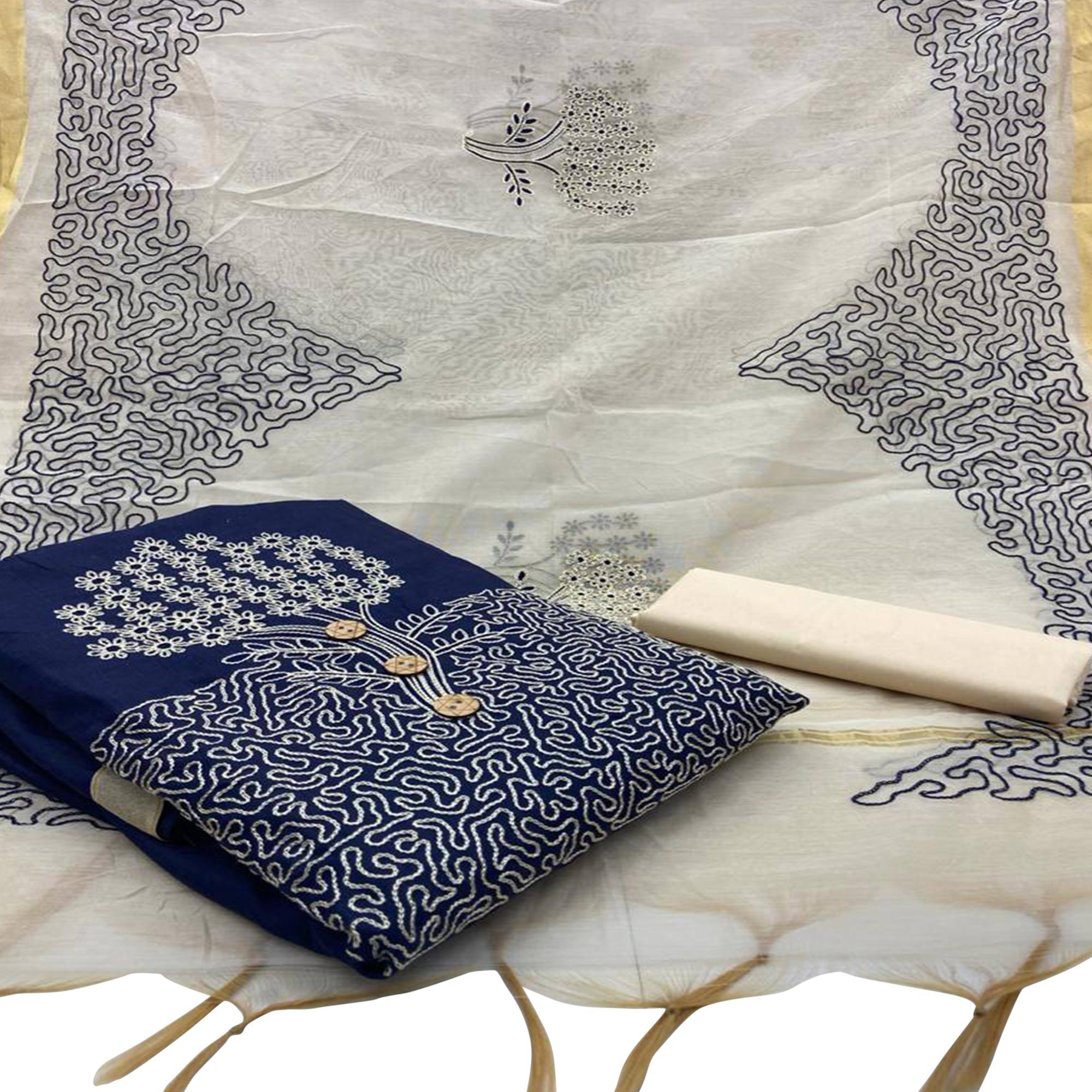 Navy Blue Embroidered Poly Cotton Dress Material - Peachmode