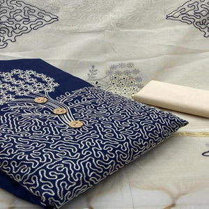 Navy Blue Embroidered Poly Cotton Dress Material - Peachmode