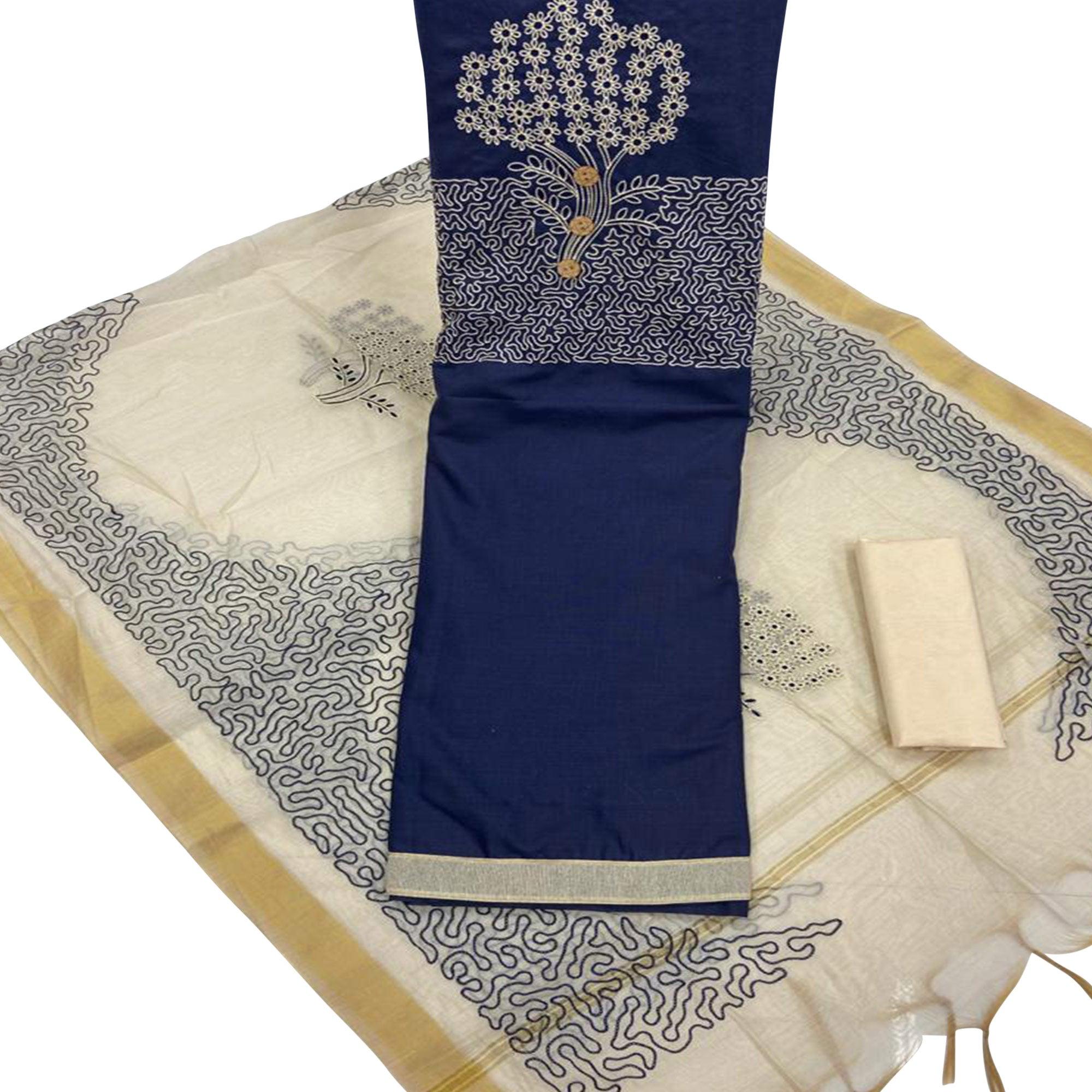 Navy Blue Embroidered Poly Cotton Dress Material - Peachmode