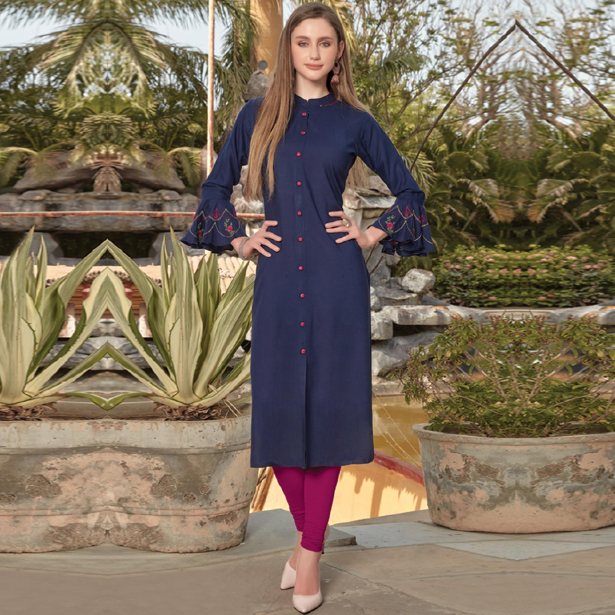 Navy Blue Embroidered Poly Cotton Kurti - Peachmode