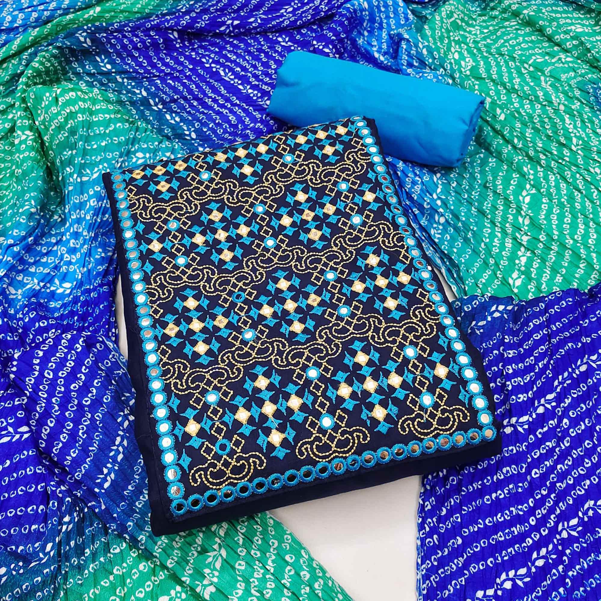 Navy Blue Embroidered Pure Cotton Dress Material - Peachmode