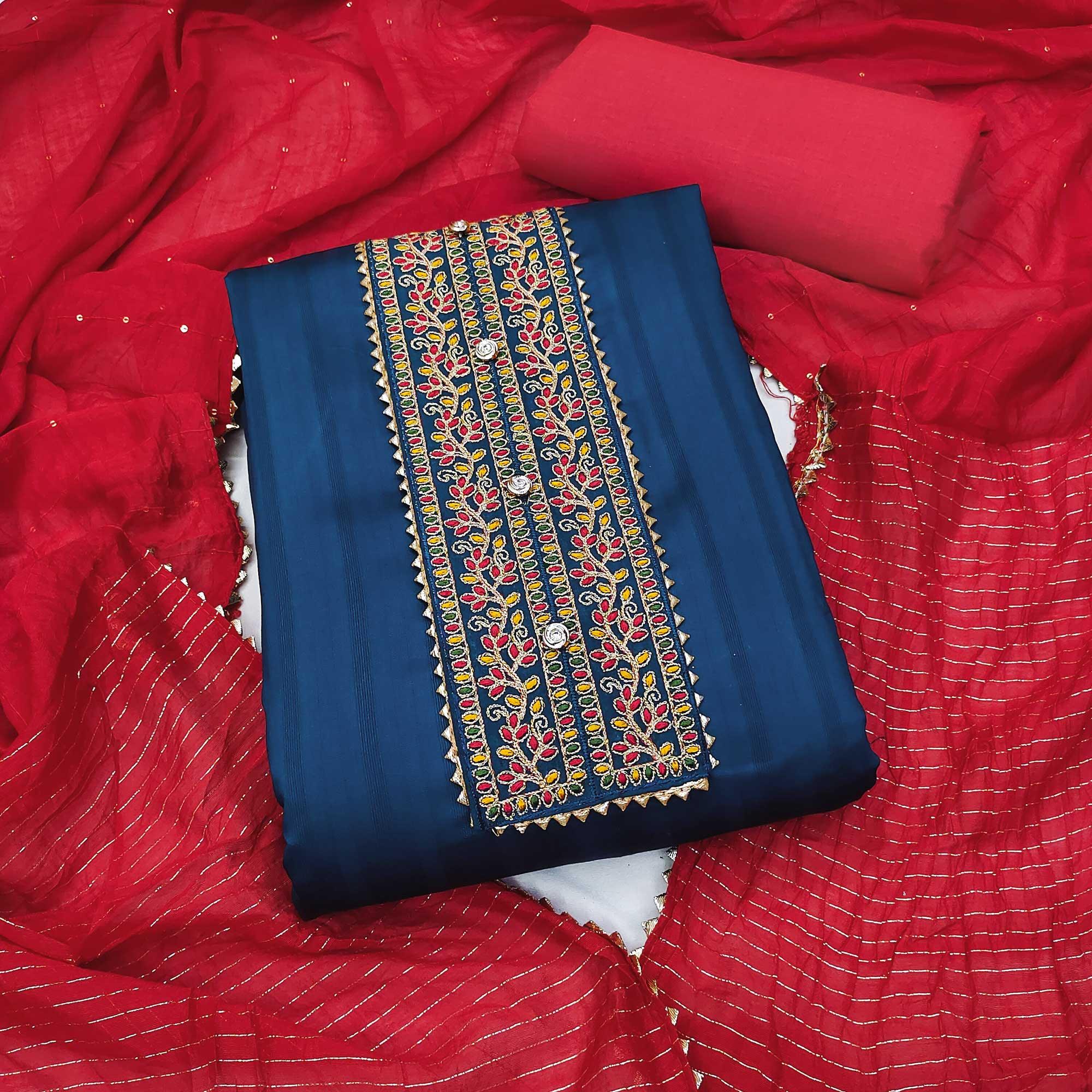 Navy Blue Embroidered Pure Cotton Dress Material - Peachmode