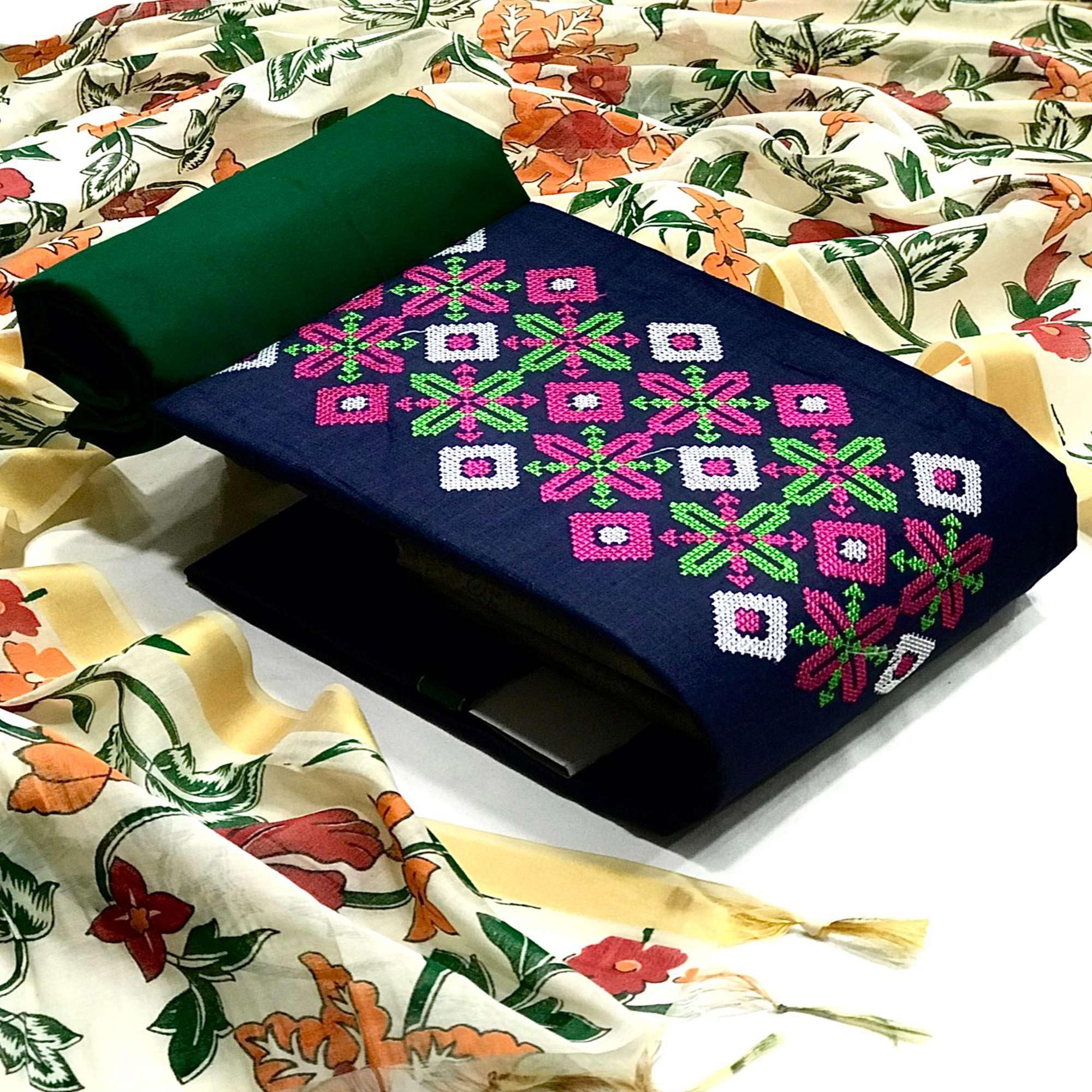 Navy Blue Embroidered Pure Cotton Dress Material - Peachmode