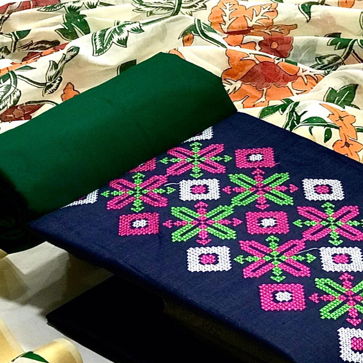 Navy Blue Embroidered Pure Cotton Dress Material - Peachmode