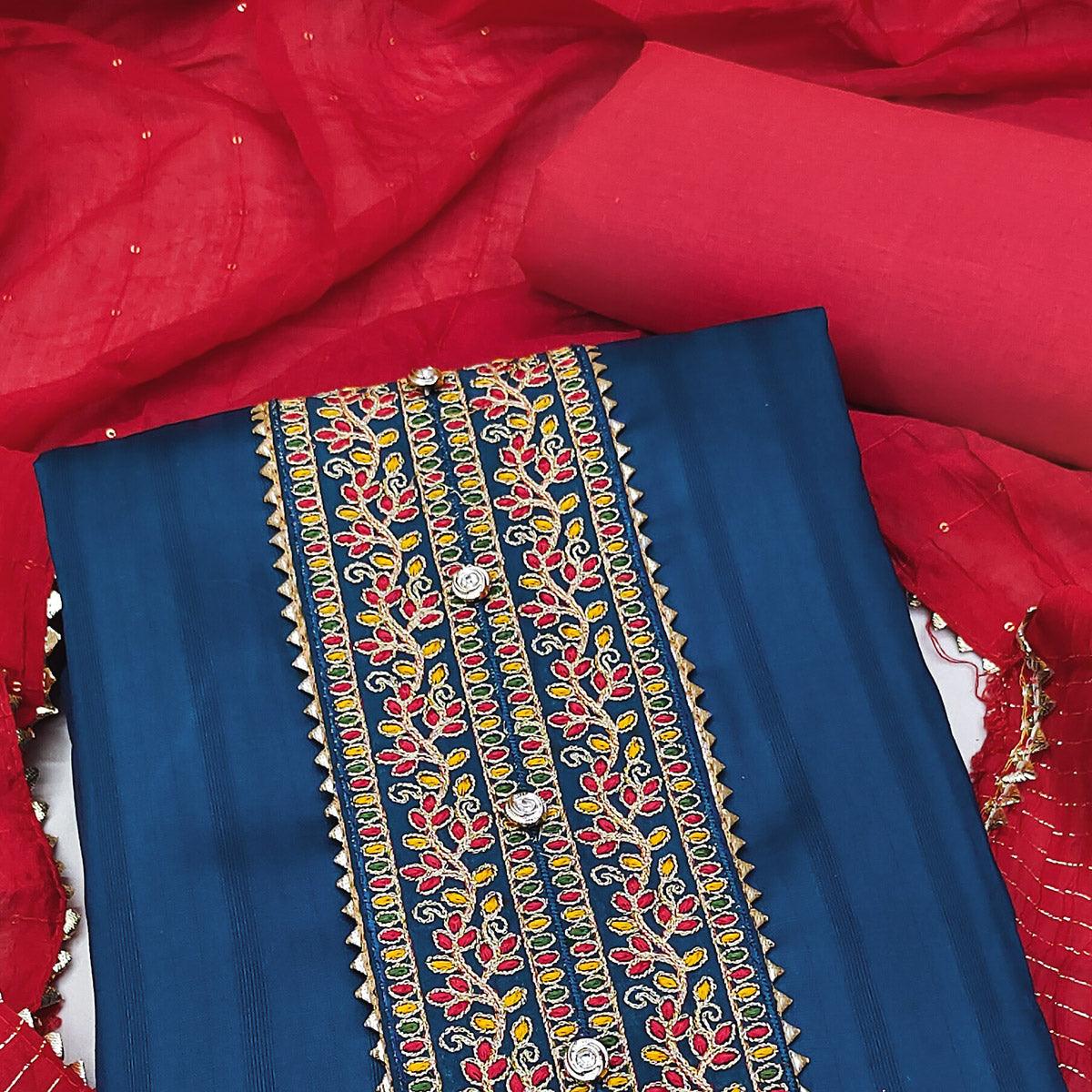 Navy Blue Embroidered Pure Cotton Dress Material - Peachmode